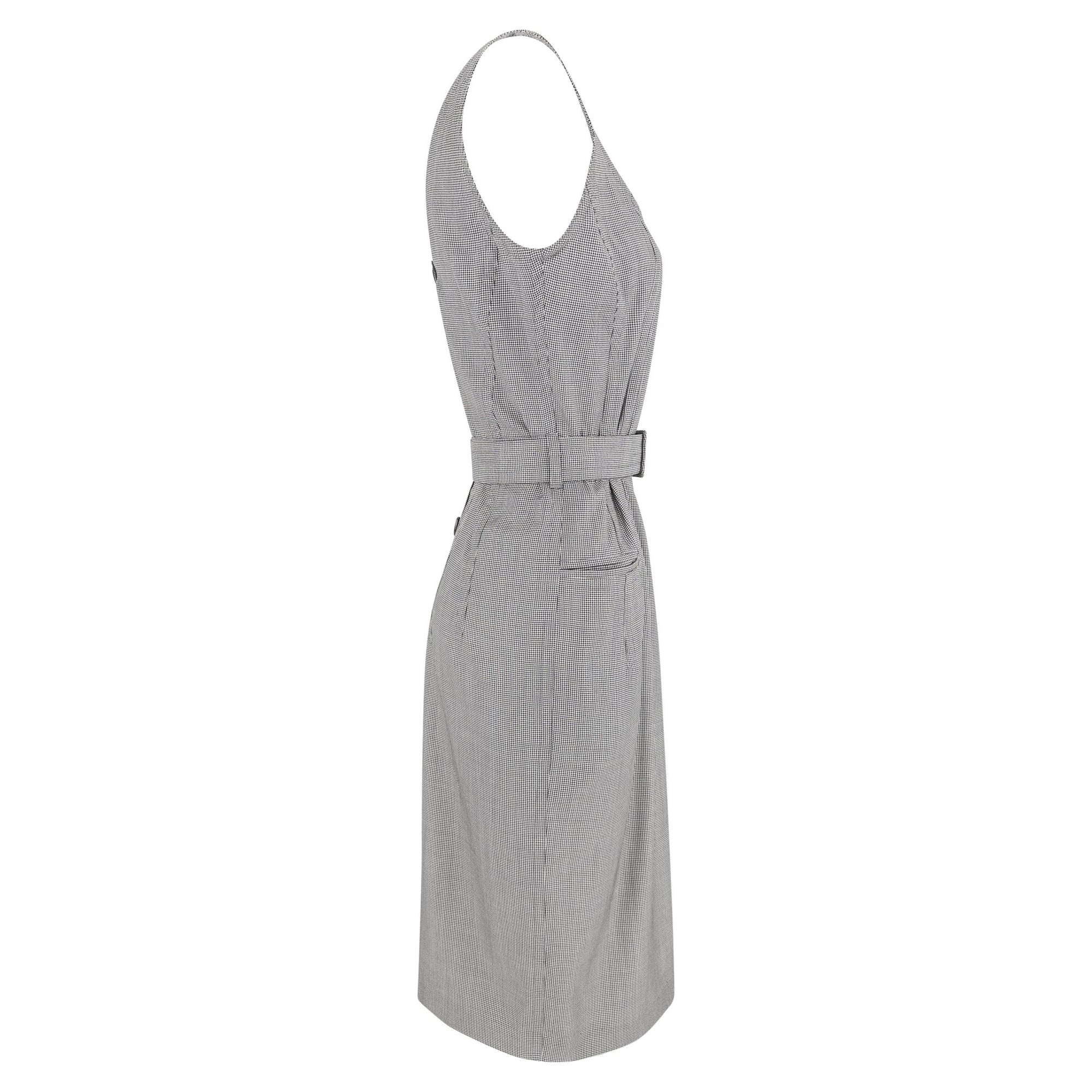 Late 1980s Jil Sander Houndstooth Wool Silk Belted Sleeveless Pencil Dress - RealList