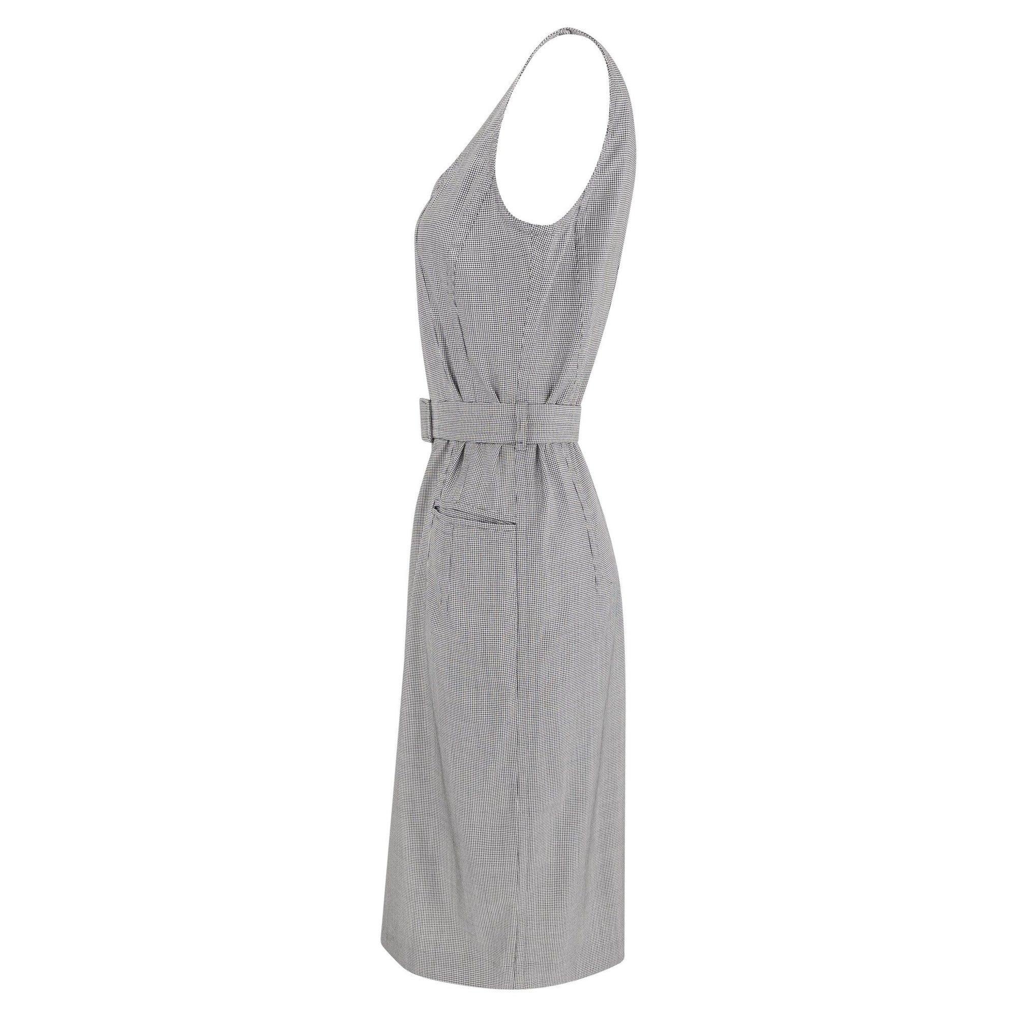 Late 1980s Jil Sander Houndstooth Wool Silk Belted Sleeveless Pencil Dress - RealList