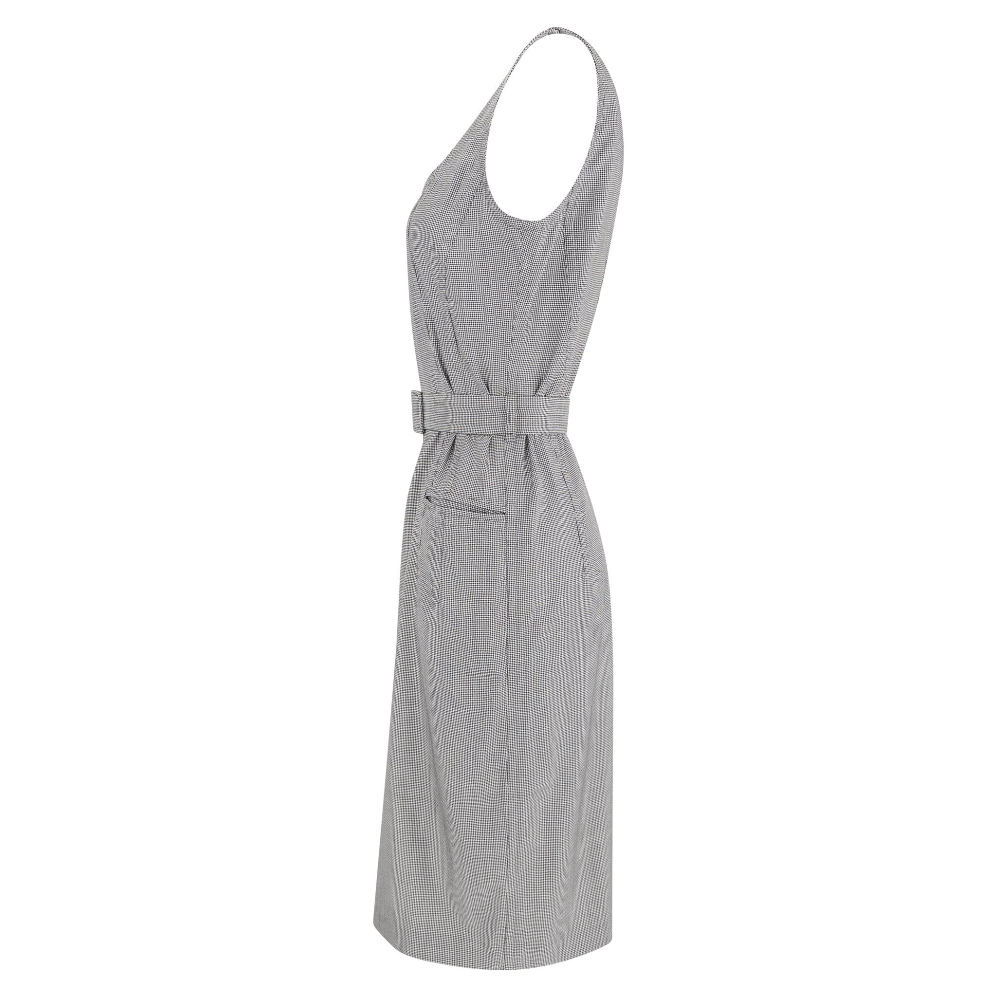 Late 1980s Jil Sander Houndstooth Wool Silk Belted Sleeveless Pencil Dress - RealList
