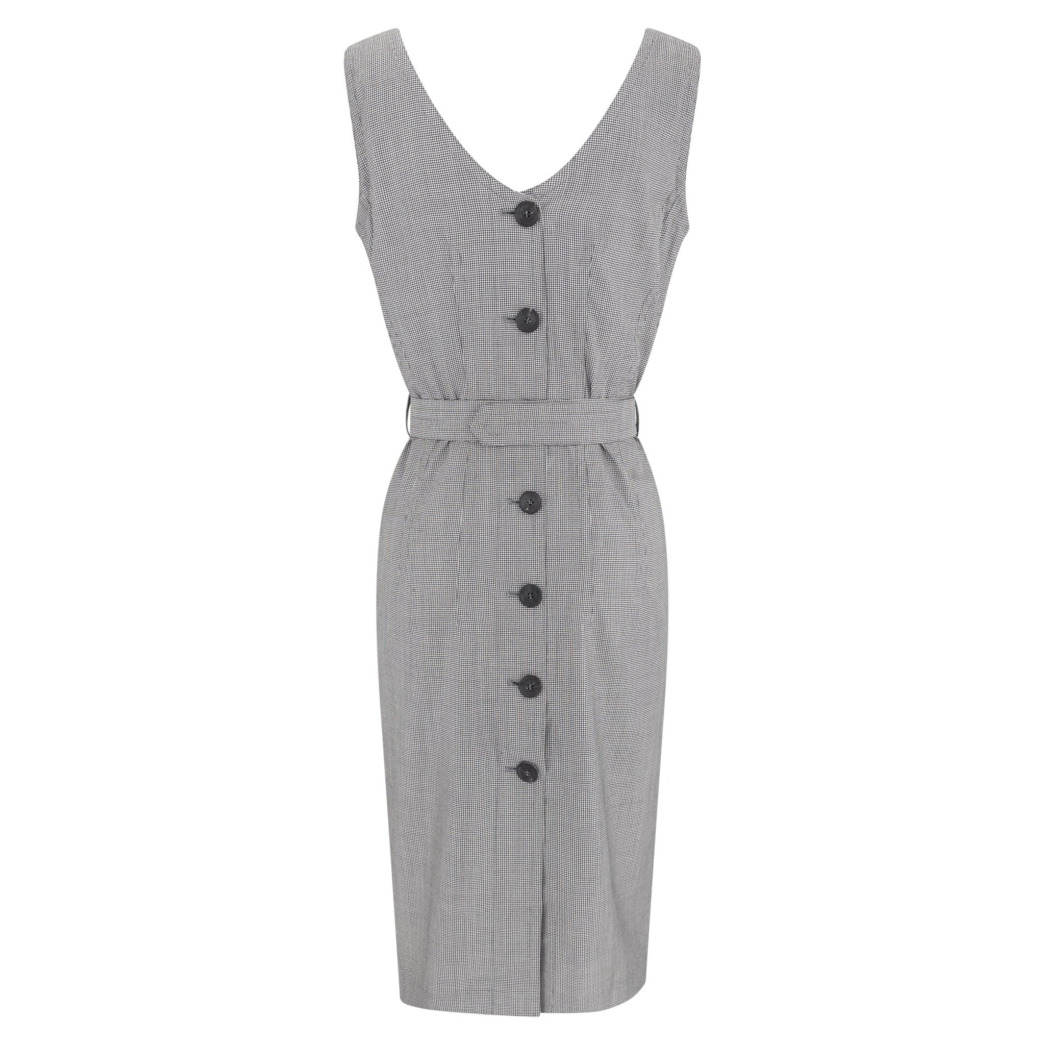 Late 1980s Jil Sander Houndstooth Wool Silk Belted Sleeveless Pencil Dress - RealList