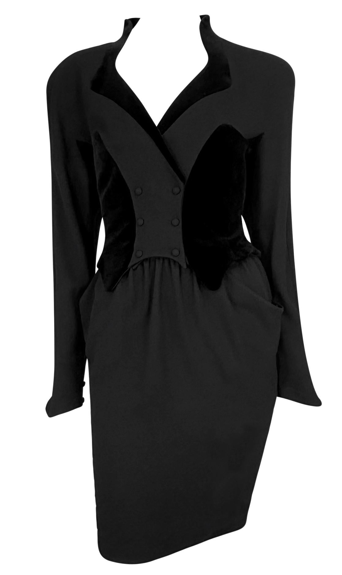 Late 1980s Thierry Mugler Sculptural Velvet Faux Skirt Suit Midi Dress - RealList