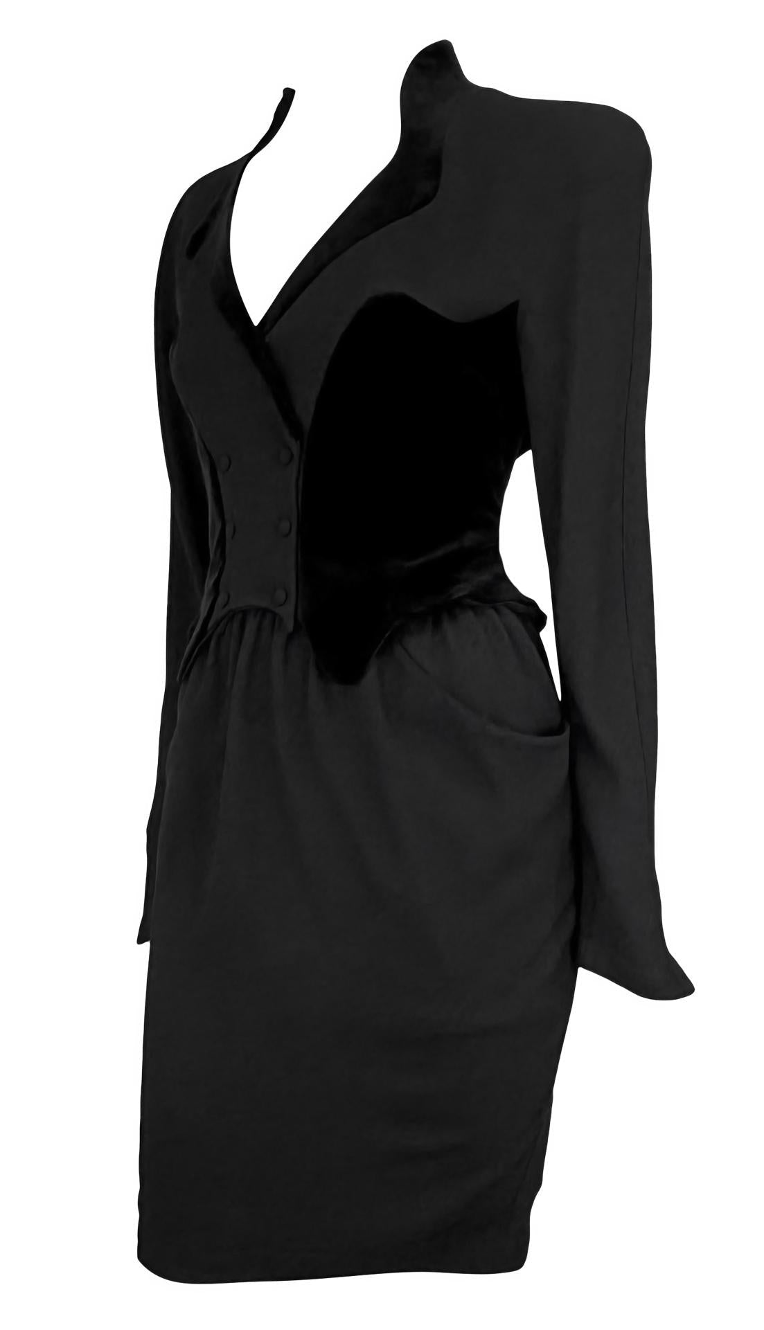 Late 1980s Thierry Mugler Sculptural Velvet Faux Skirt Suit Midi Dress - RealList