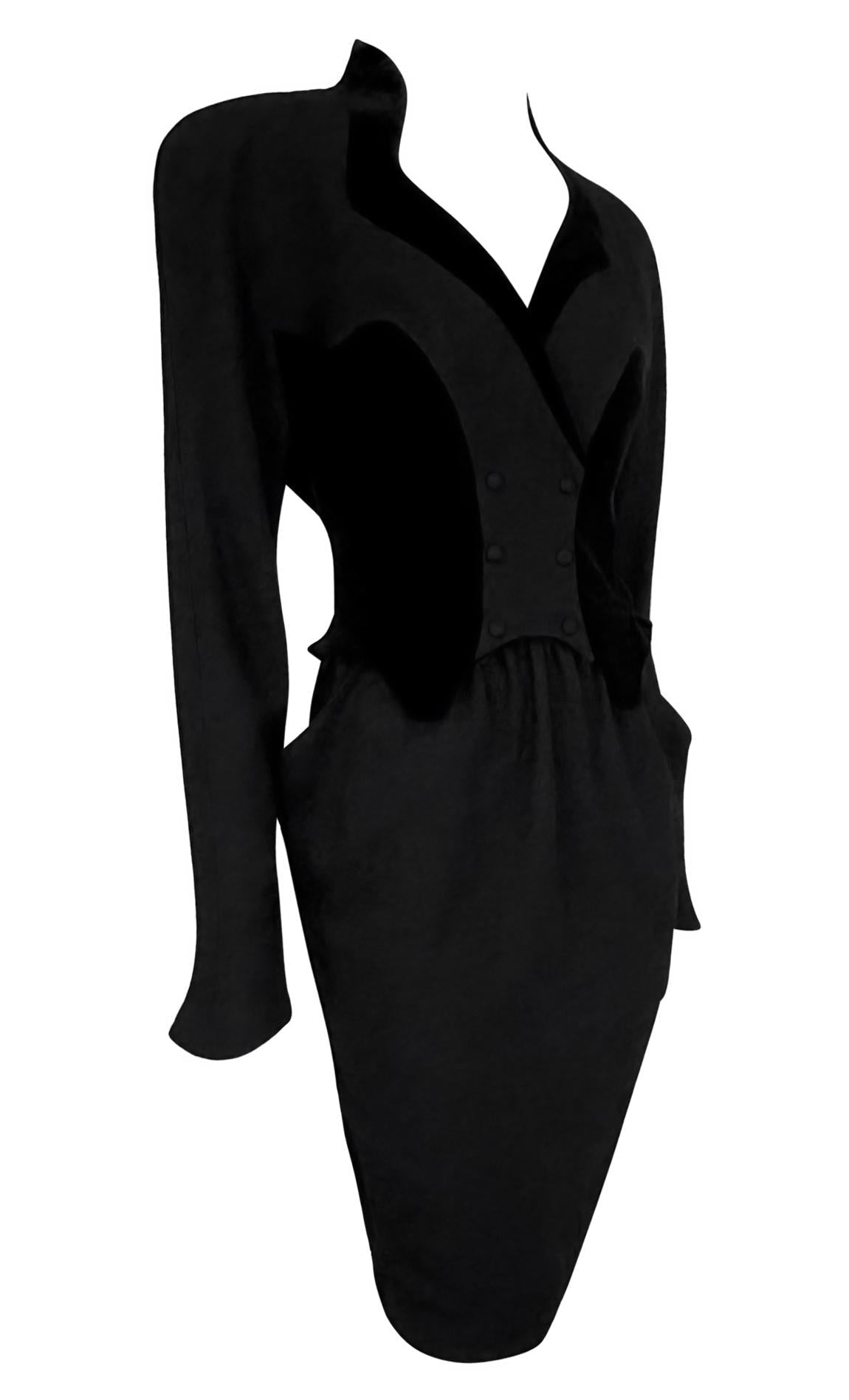 Late 1980s Thierry Mugler Sculptural Velvet Faux Skirt Suit Midi Dress - RealList