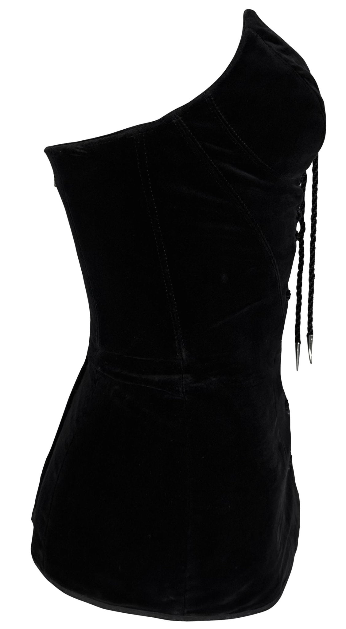 Late 1980s Thierry Mugler Velvet Lace - Up Pointed Strapless Corset Bustier Black - RealList