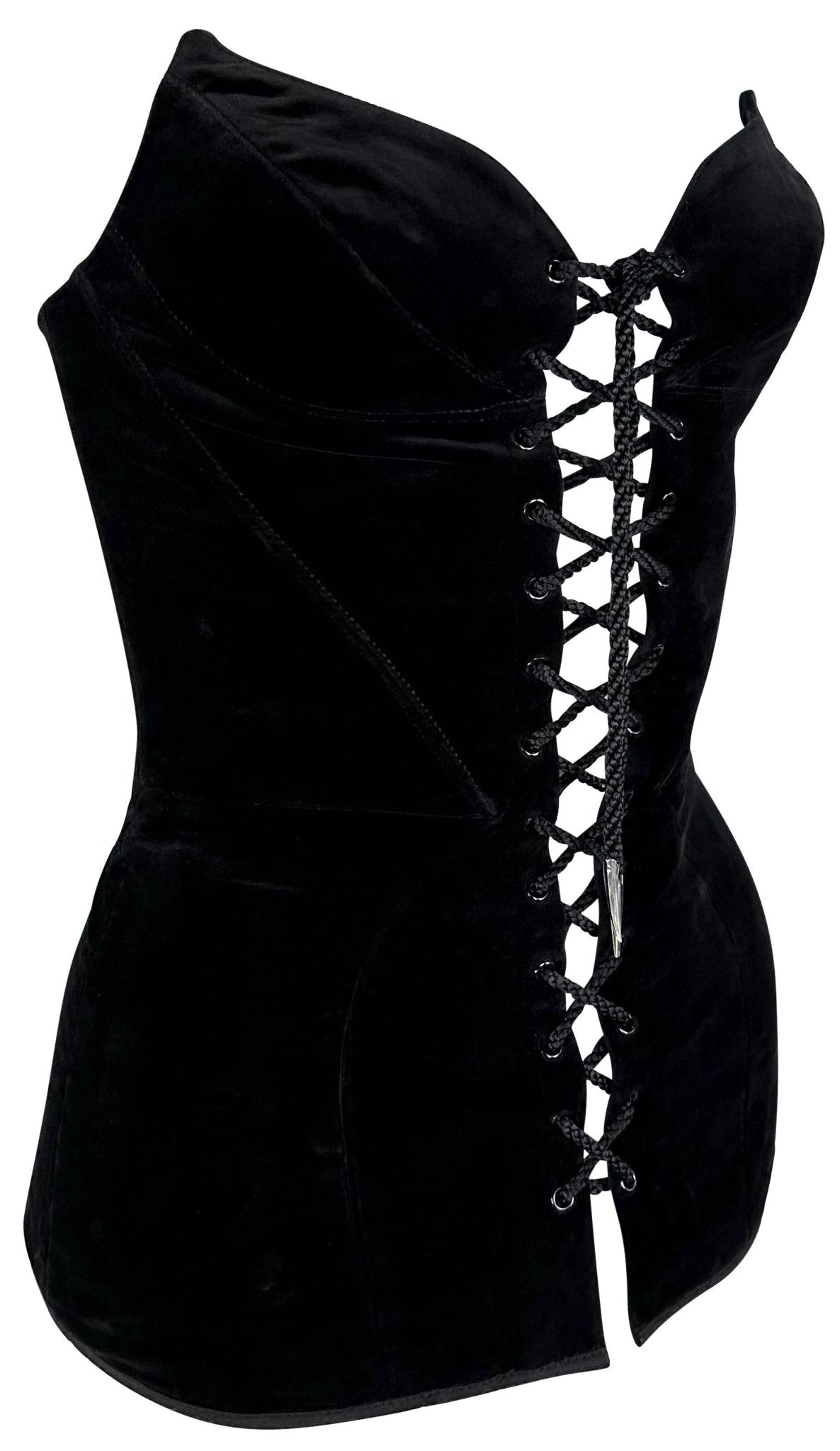 Late 1980s Thierry Mugler Velvet Lace - Up Pointed Strapless Corset Bustier Black - RealList