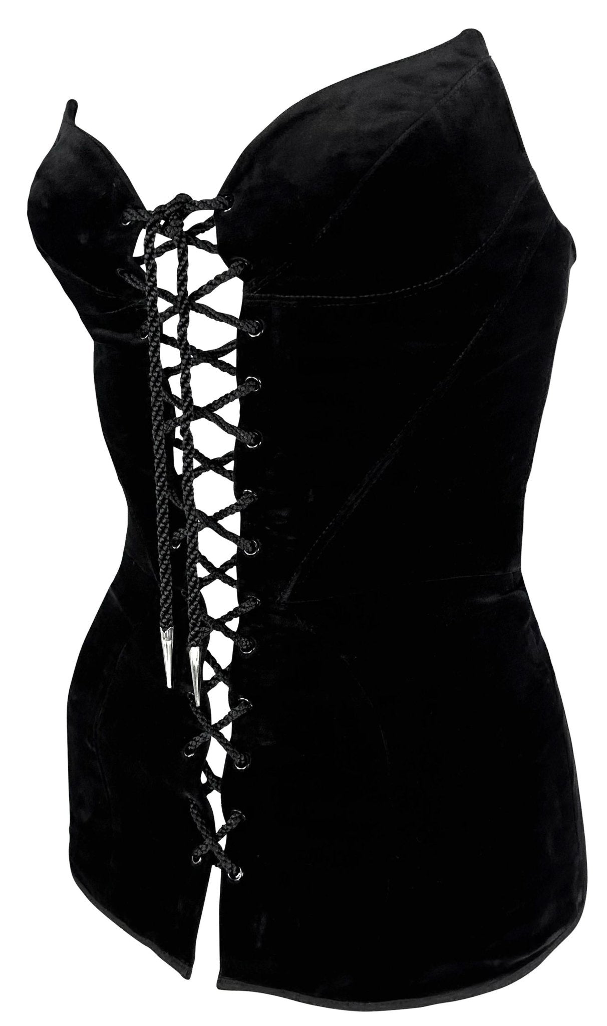 Late 1980s Thierry Mugler Velvet Lace - Up Pointed Strapless Corset Bustier Black - RealList