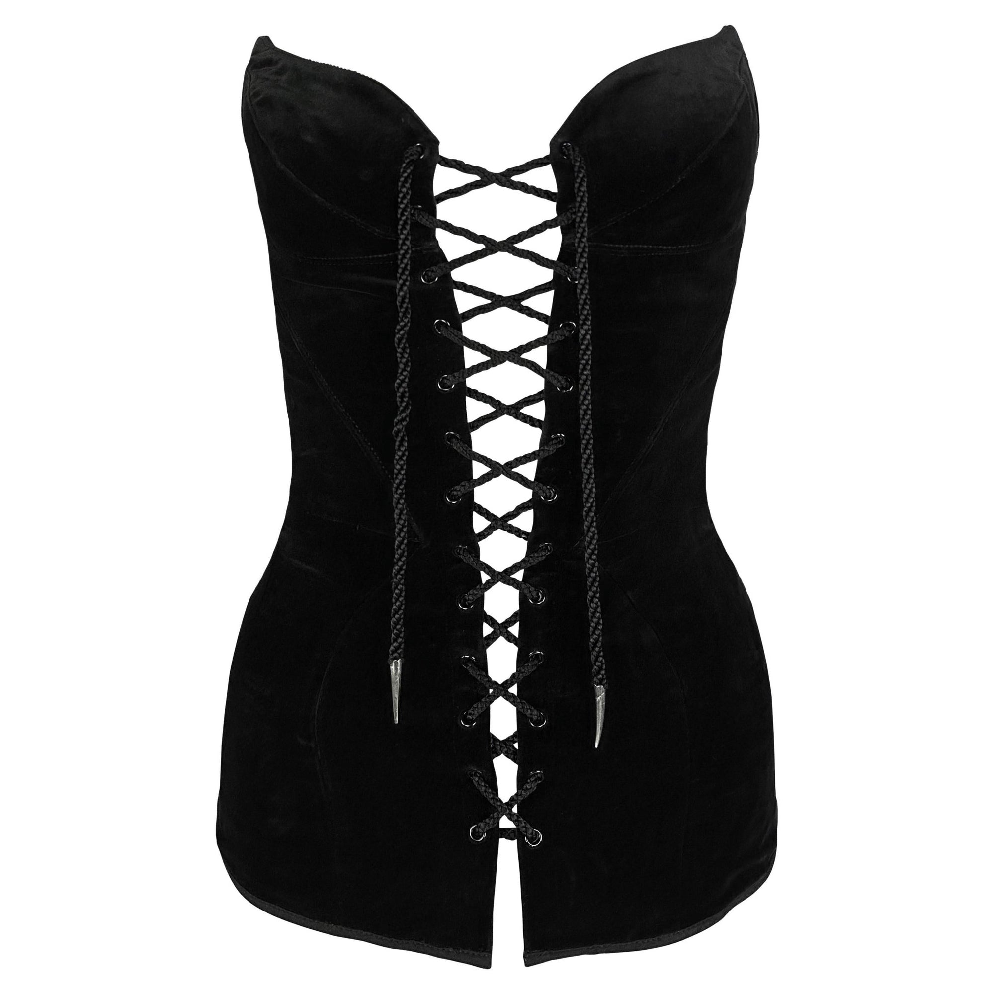 Late 1980s Thierry Mugler Velvet Lace - Up Pointed Strapless Corset Bustier Black - RealList