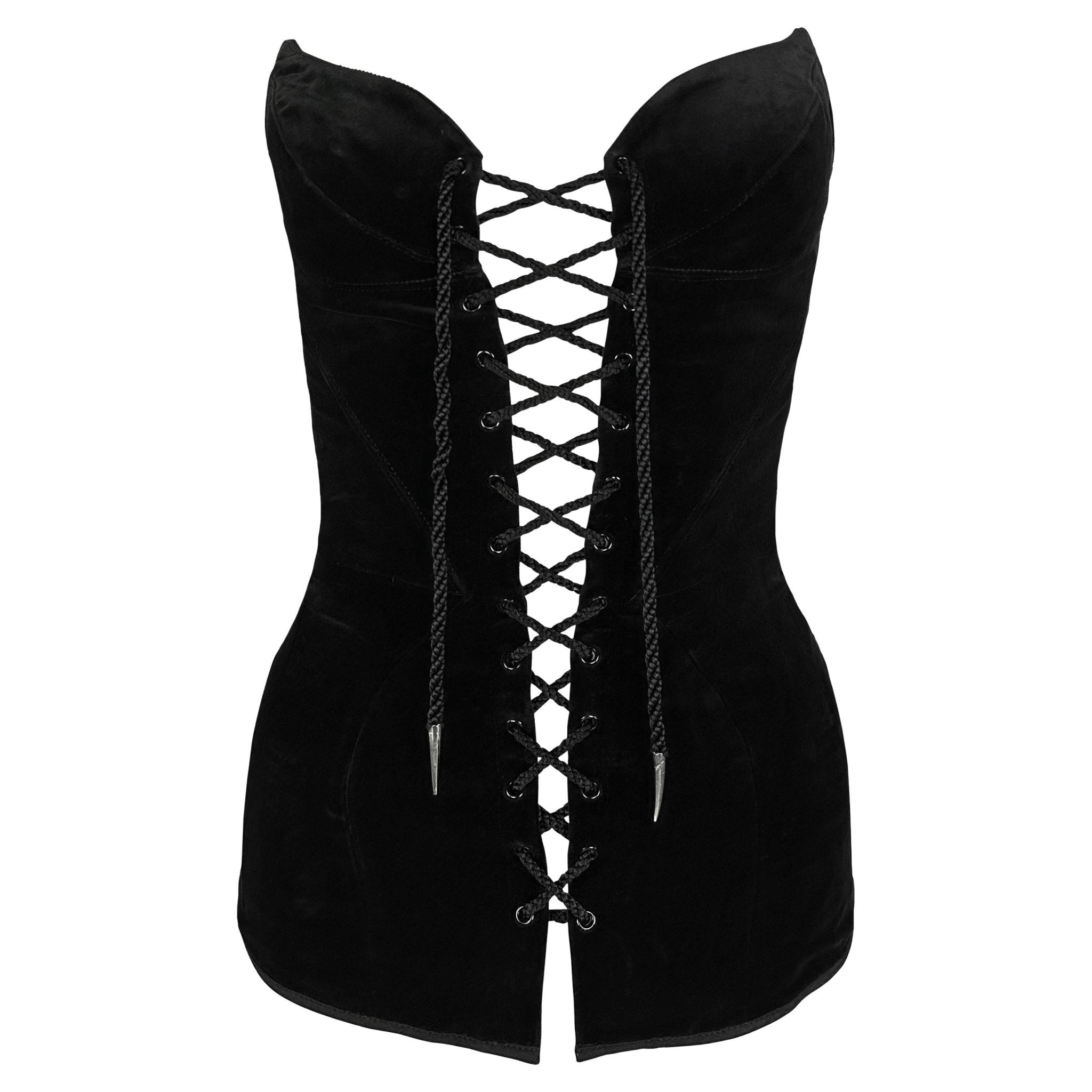 Late 1980s Thierry Mugler Velvet Lace - Up Pointed Strapless Corset Bustier Black - RealList