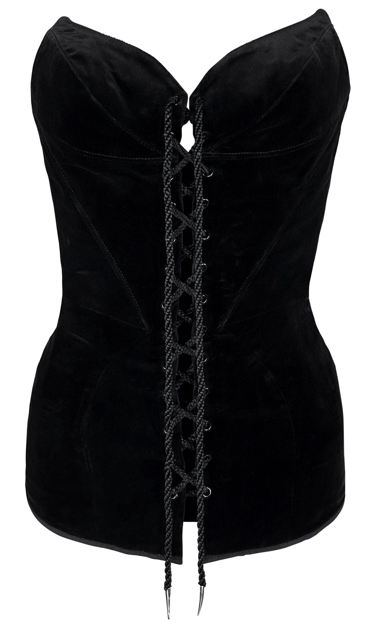 Late 1980s Thierry Mugler Velvet Lace - Up Pointed Strapless Corset Bustier Black - RealList