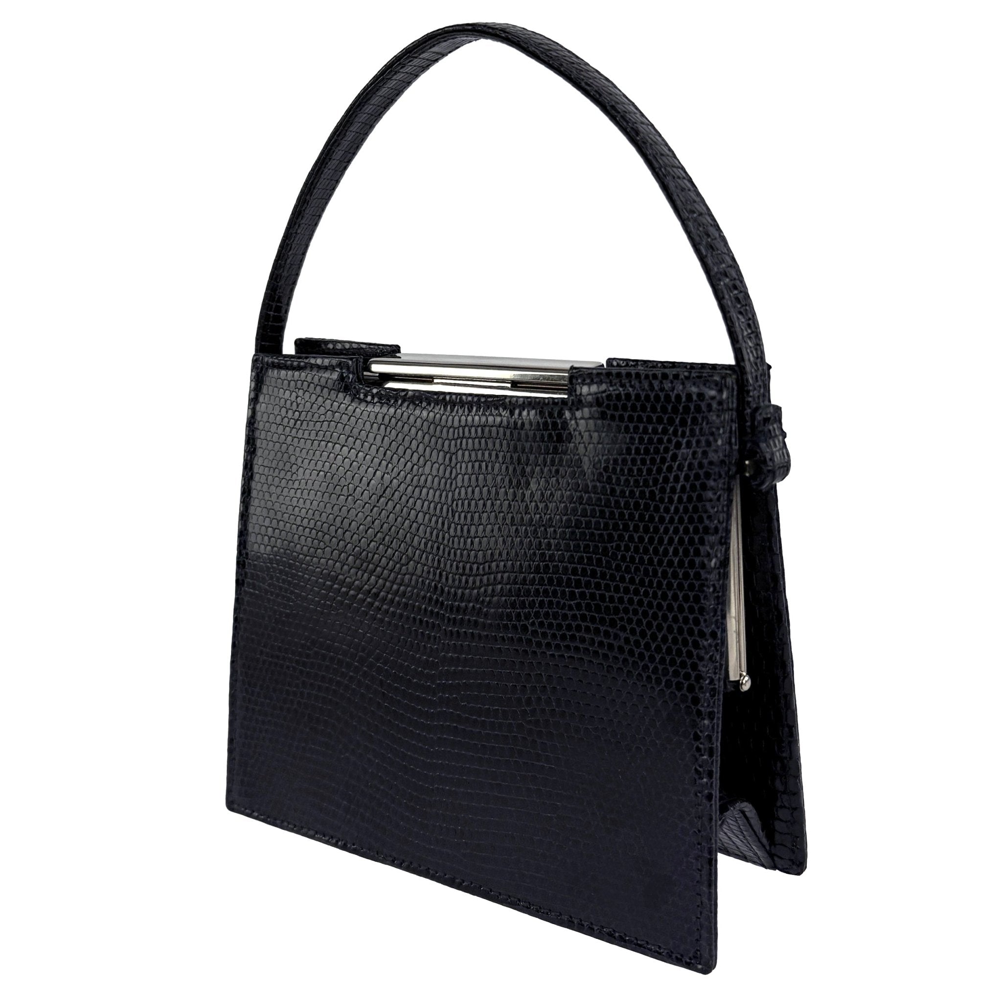 Late 1990s Calvin Klein Dark Navy Blue Genuine Lizard Mini Frame Bag - RealList