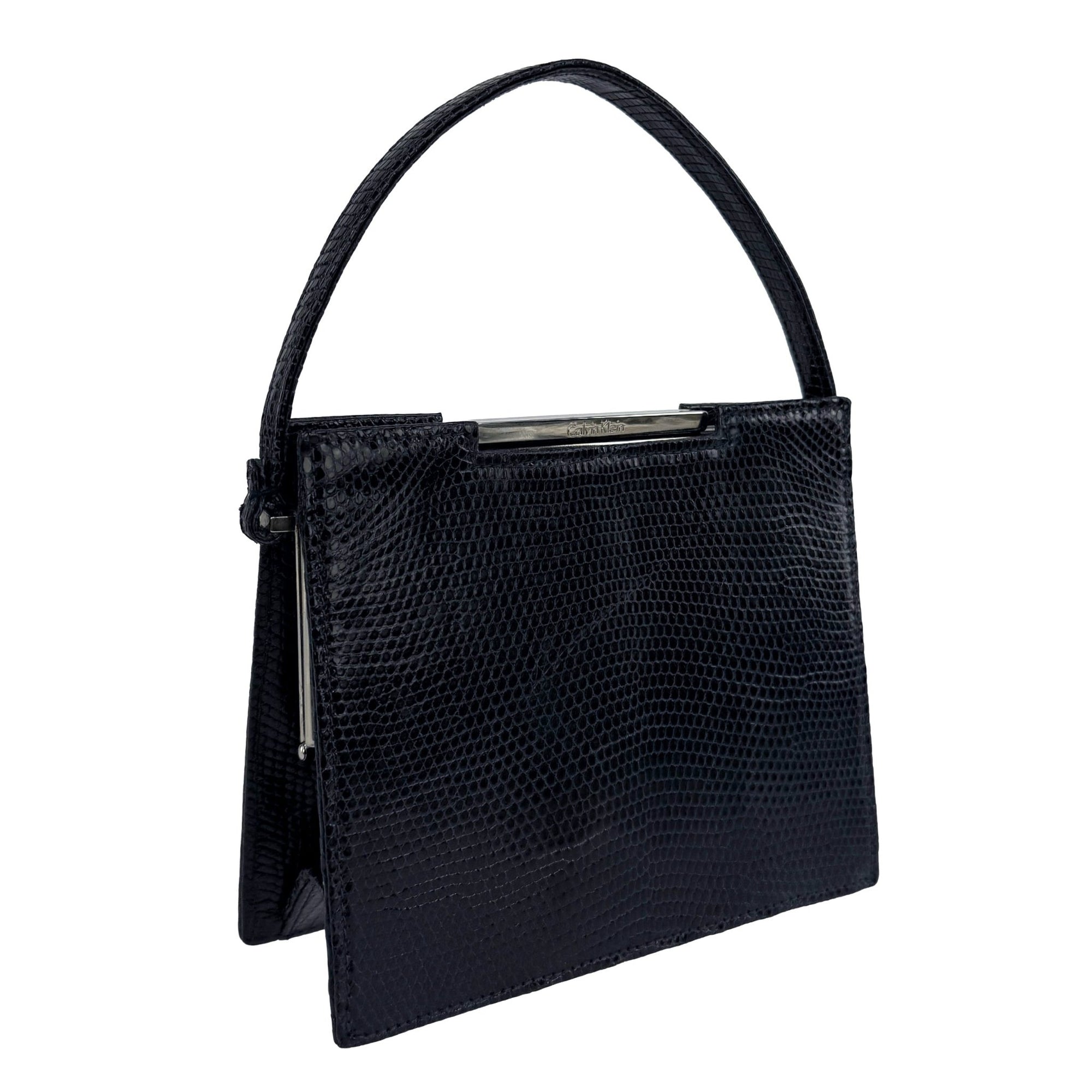 Late 1990s Calvin Klein Dark Navy Blue Genuine Lizard Mini Frame Bag - RealList