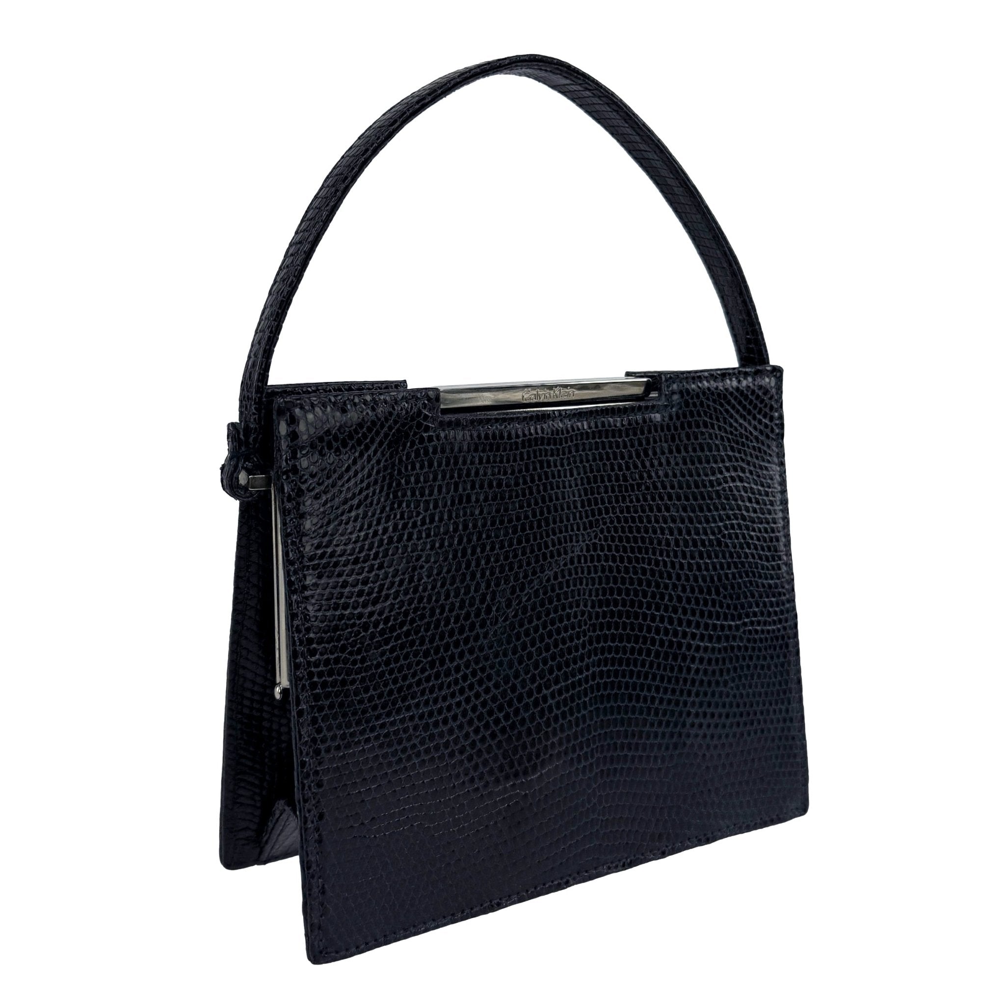 Late 1990s Calvin Klein Dark Navy Blue Genuine Lizard Mini Frame Bag - RealList
