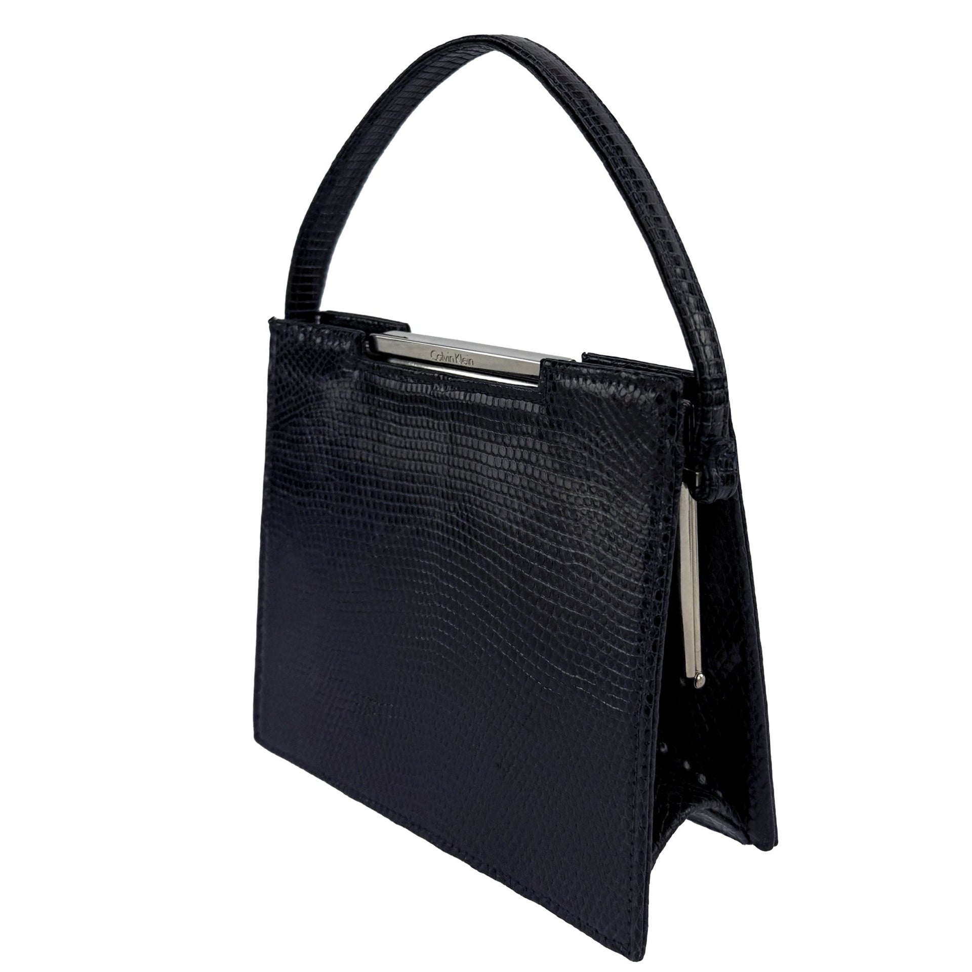 Late 1990s Calvin Klein Dark Navy Blue Genuine Lizard Mini Frame Bag - RealList