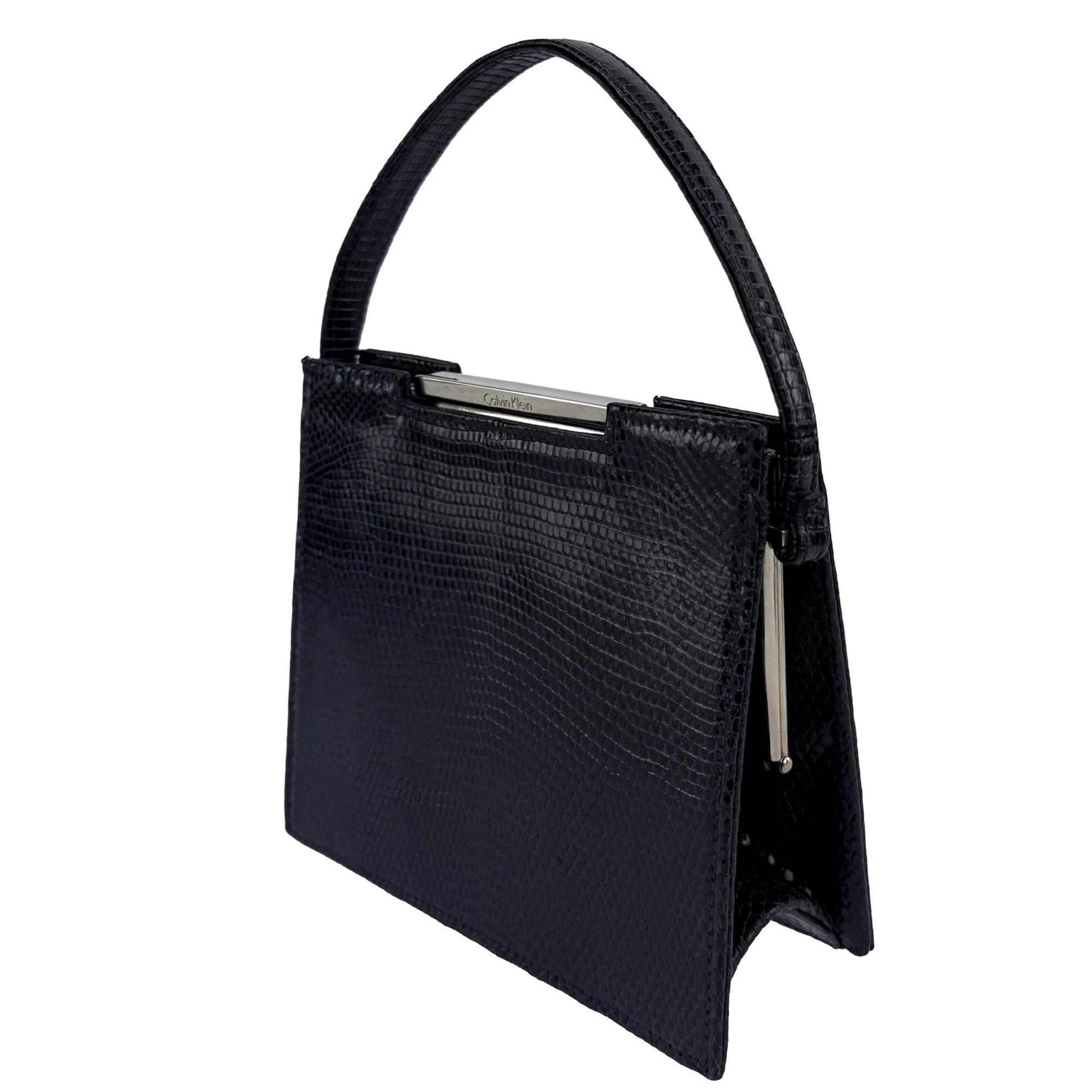 Late 1990s Calvin Klein Dark Navy Blue Genuine Lizard Mini Frame Bag - RealList