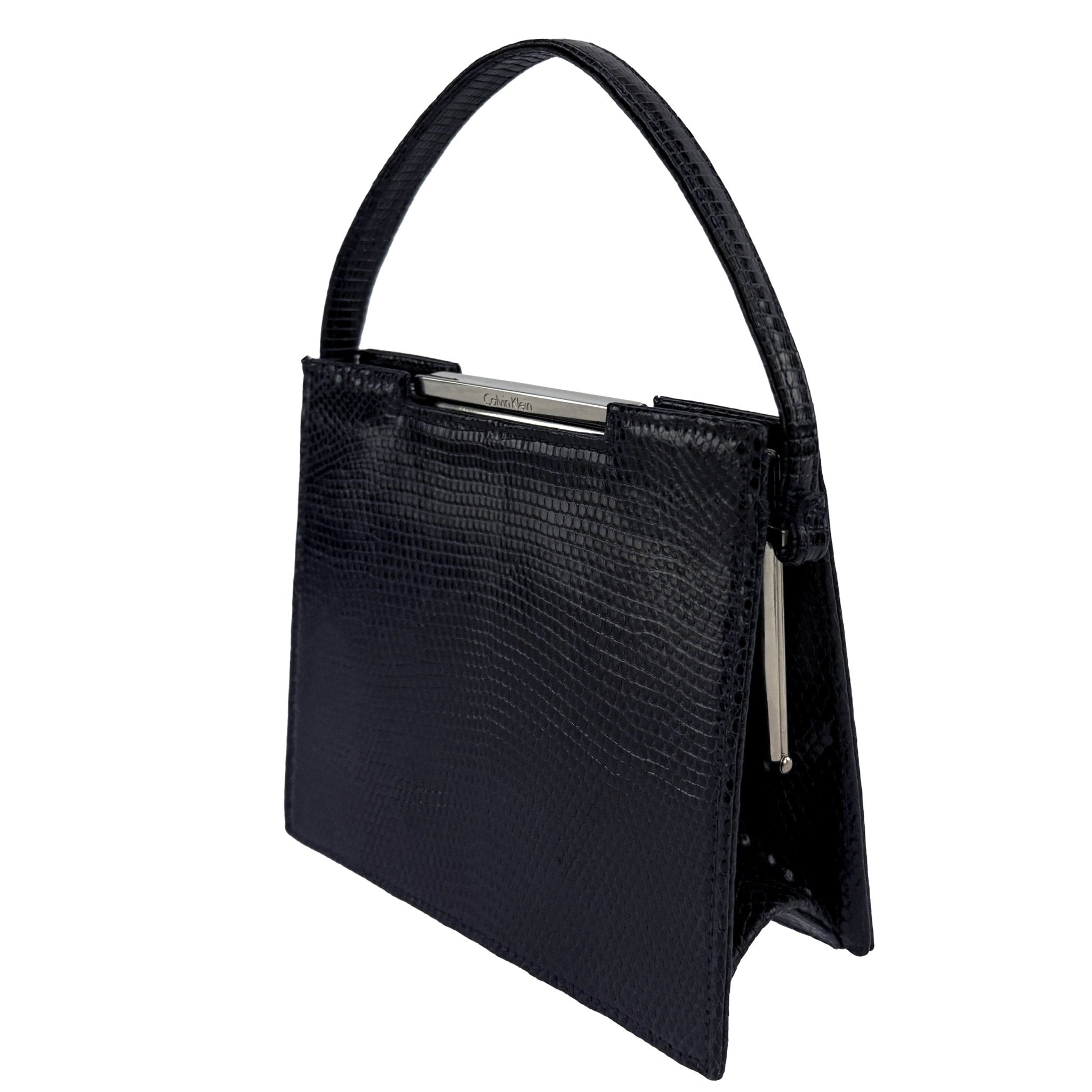 Late 1990s Calvin Klein Dark Navy Blue Genuine Lizard Mini Frame Bag - RealList