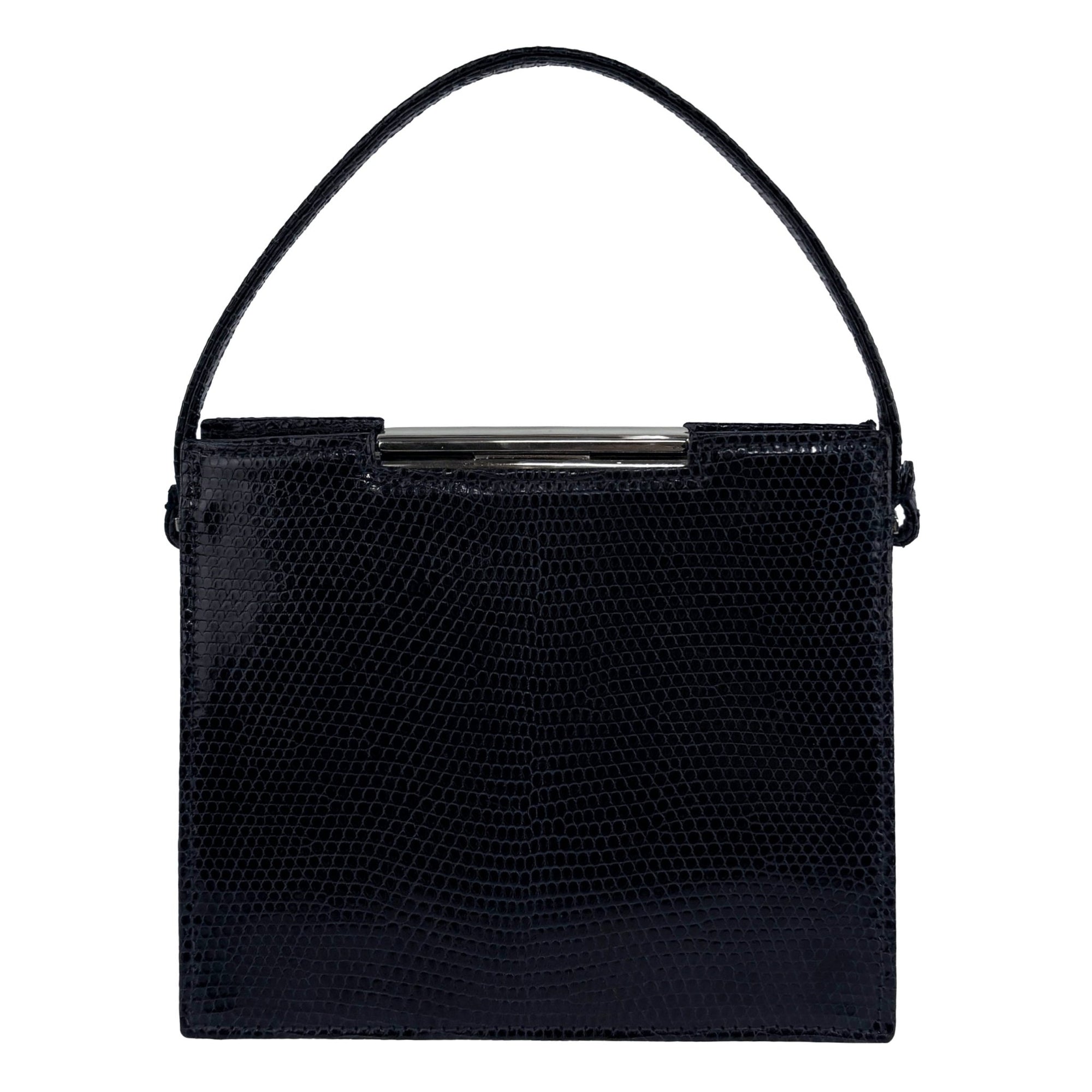 Late 1990s Calvin Klein Dark Navy Blue Genuine Lizard Mini Frame Bag - RealList