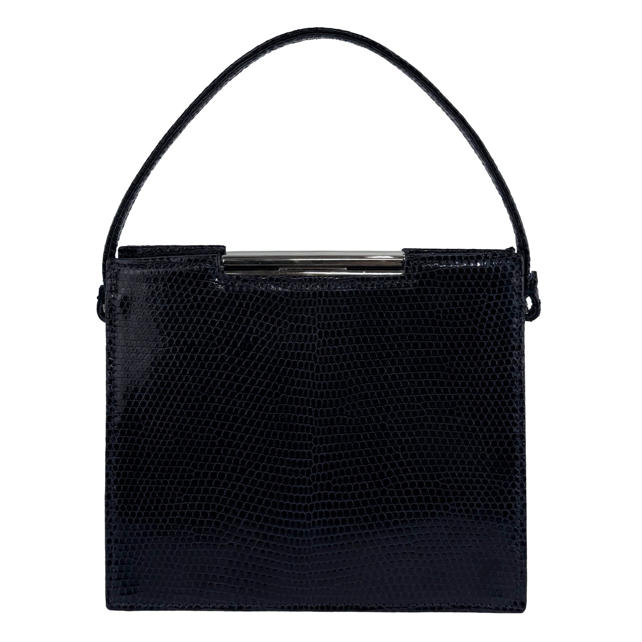 Late 1990s Calvin Klein Dark Navy Blue Genuine Lizard Mini Frame Bag - RealList