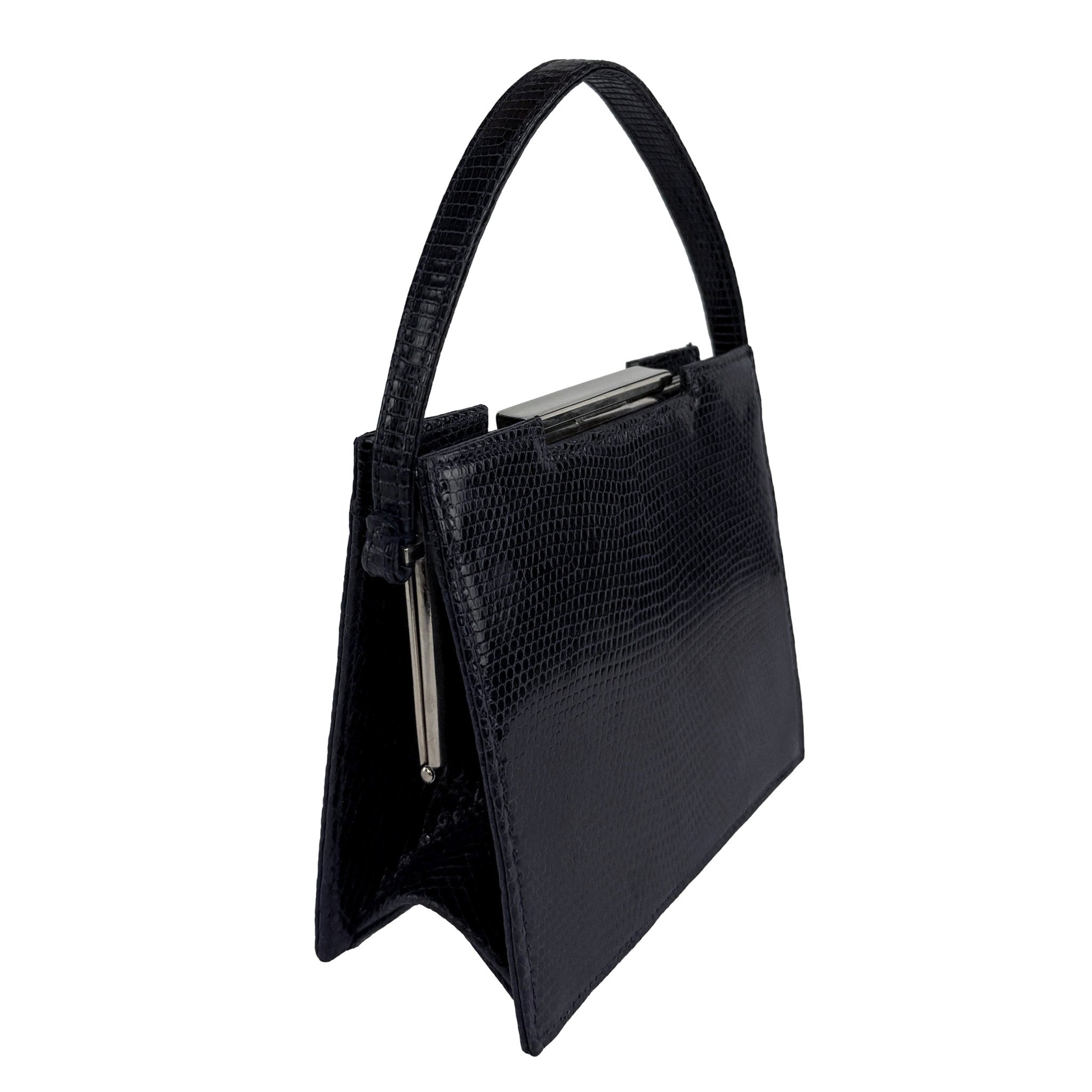 Late 1990s Calvin Klein Dark Navy Blue Genuine Lizard Mini Frame Bag - RealList