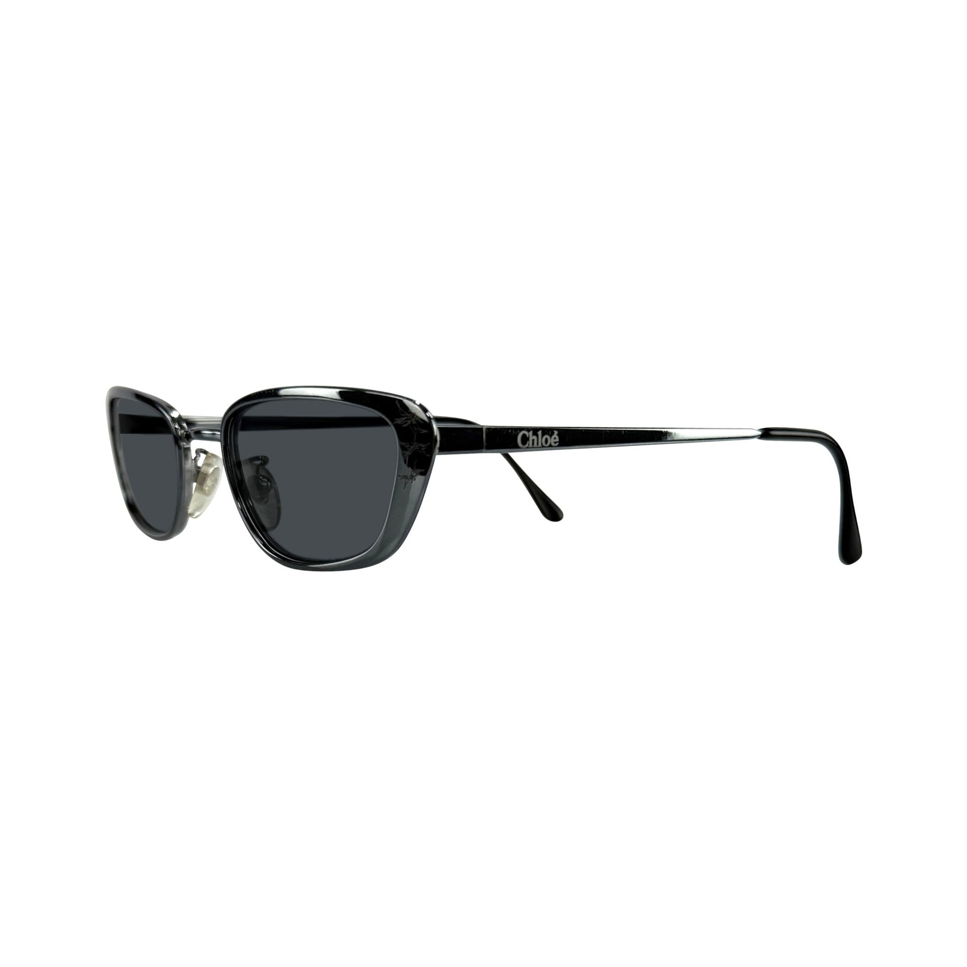 Late 1990s Chloé by Stella McCartney Floral Etched Gunmetal Frame Grey Sunglasses - RealList