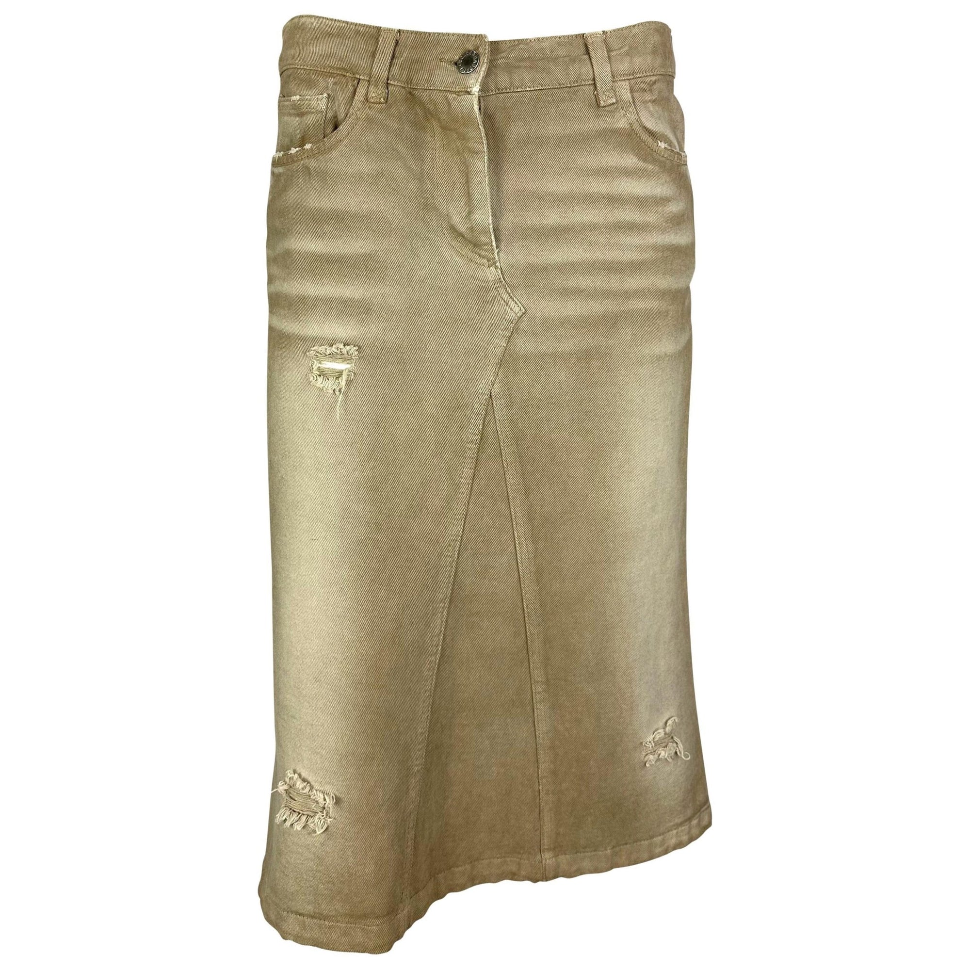 Late 1990s Dolce & Gabbana Beige Distressed Denim Mid - Length Skirt - RealList