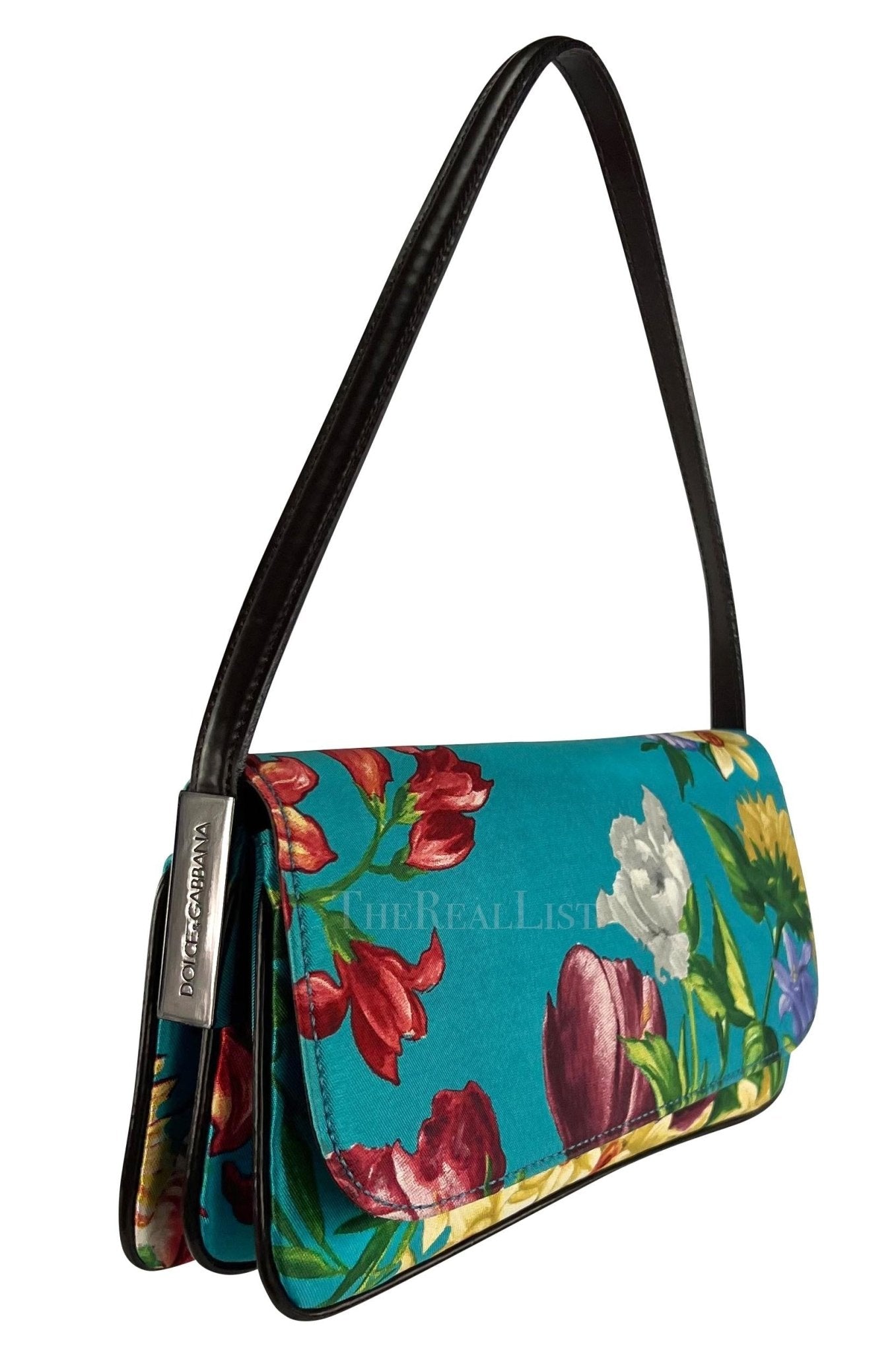 Late 1990s Dolce & Gabbana Blue Satin Floral Small Y2K Shoulder Bag - RealList