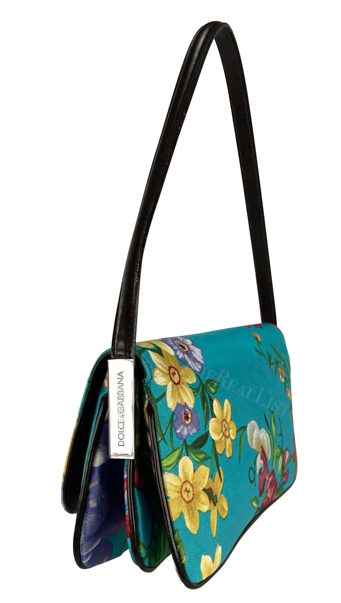 Late 1990s Dolce & Gabbana Blue Satin Floral Small Y2K Shoulder Bag - RealList