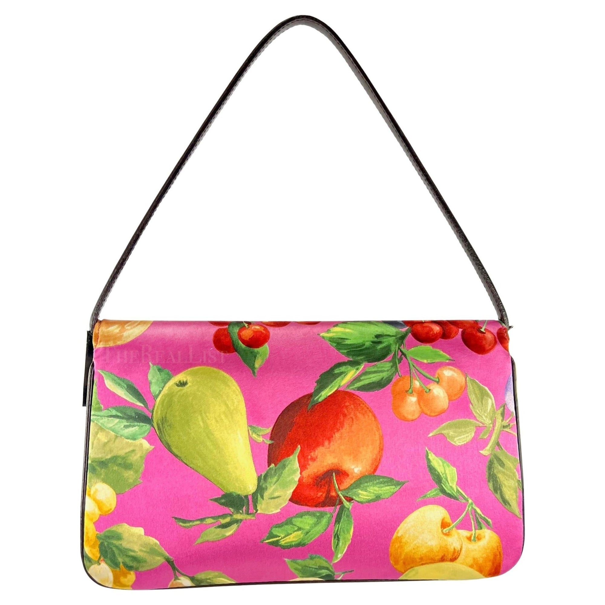 Late 1990s Dolce & Gabbana Pink Fruit Print Satin Double Y2K Medium Shoulder Bag - RealList