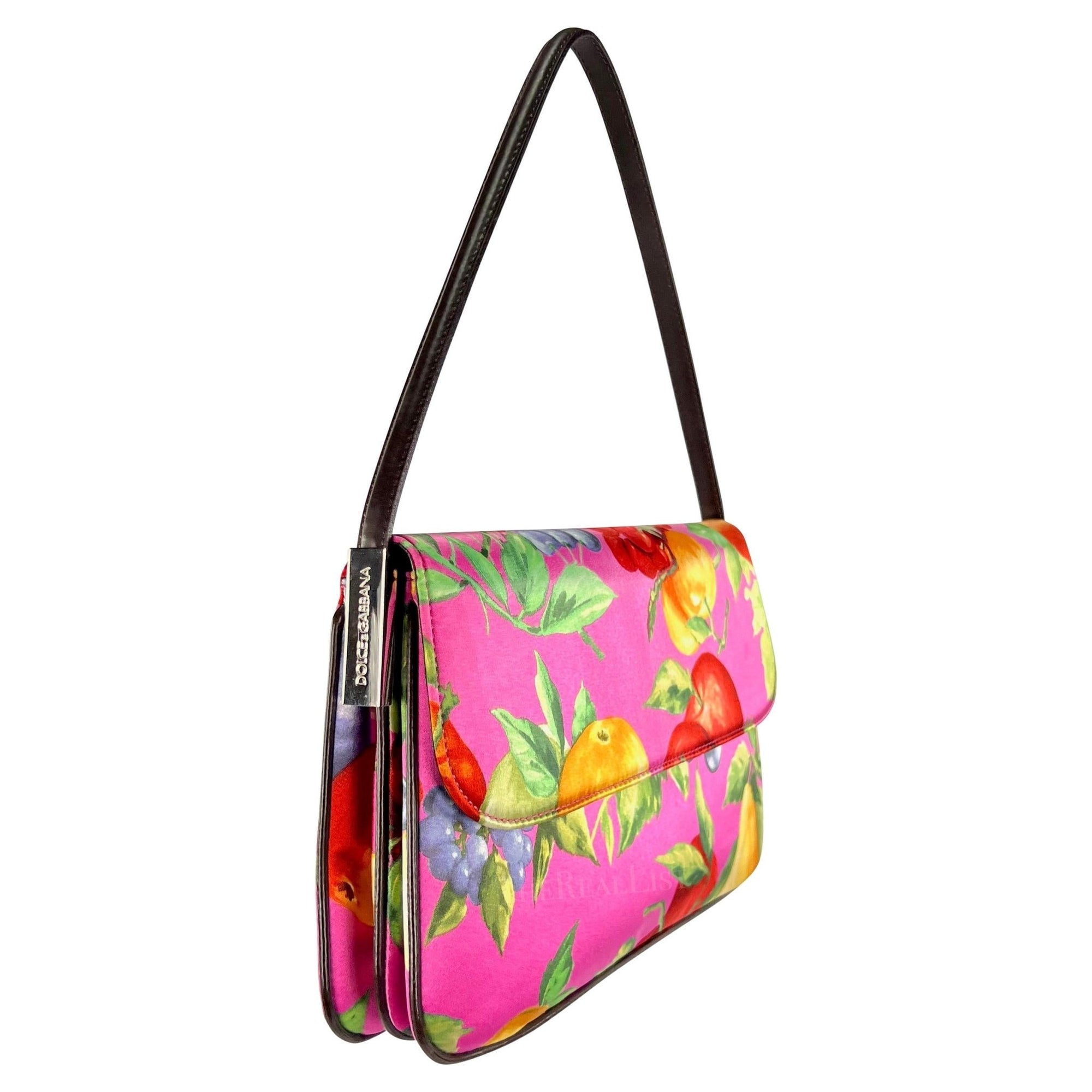 Late 1990s Dolce & Gabbana Pink Fruit Print Satin Double Y2K Medium Shoulder Bag - RealList