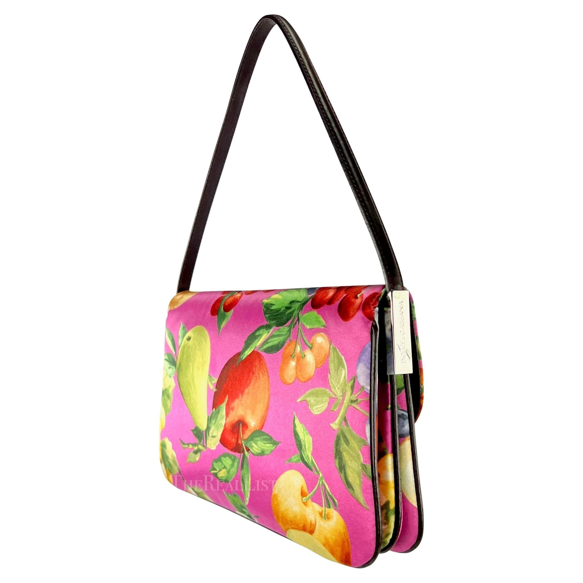Late 1990s Dolce & Gabbana Pink Fruit Print Satin Double Y2K Medium Shoulder Bag - RealList