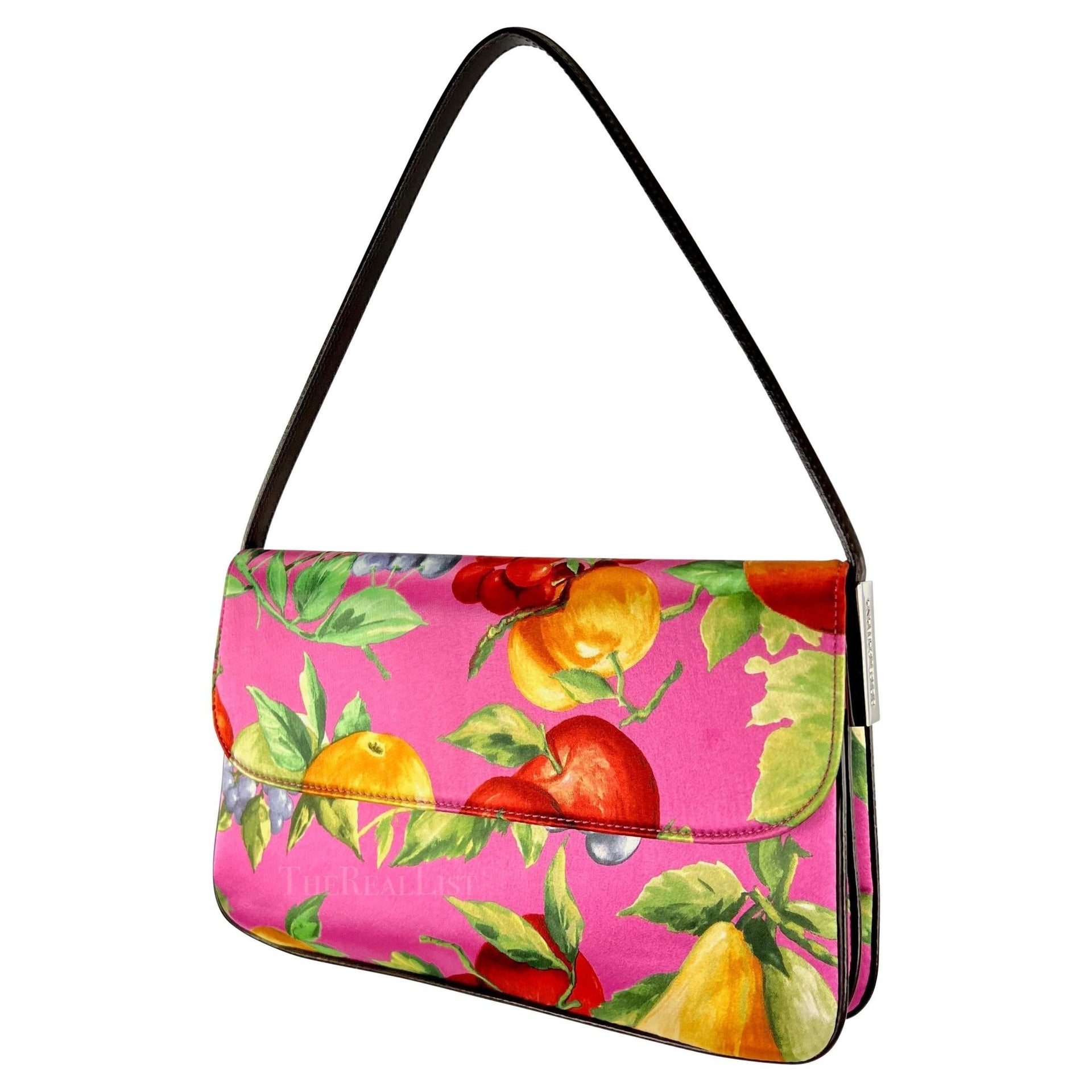 Late 1990s Dolce & Gabbana Pink Fruit Print Satin Double Y2K Medium Shoulder Bag - RealList