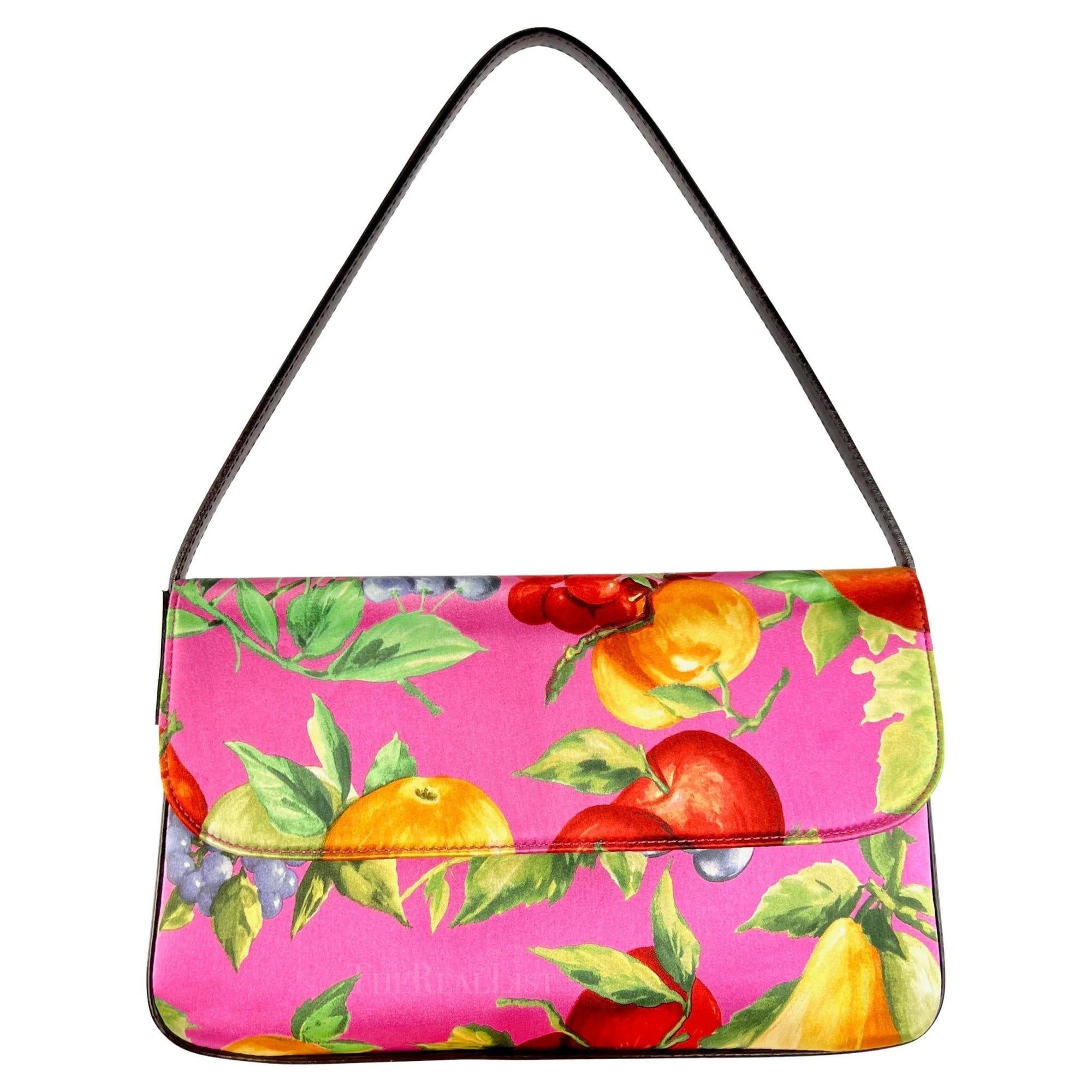 Late 1990s Dolce & Gabbana Pink Fruit Print Satin Double Y2K Medium Shoulder Bag - RealList