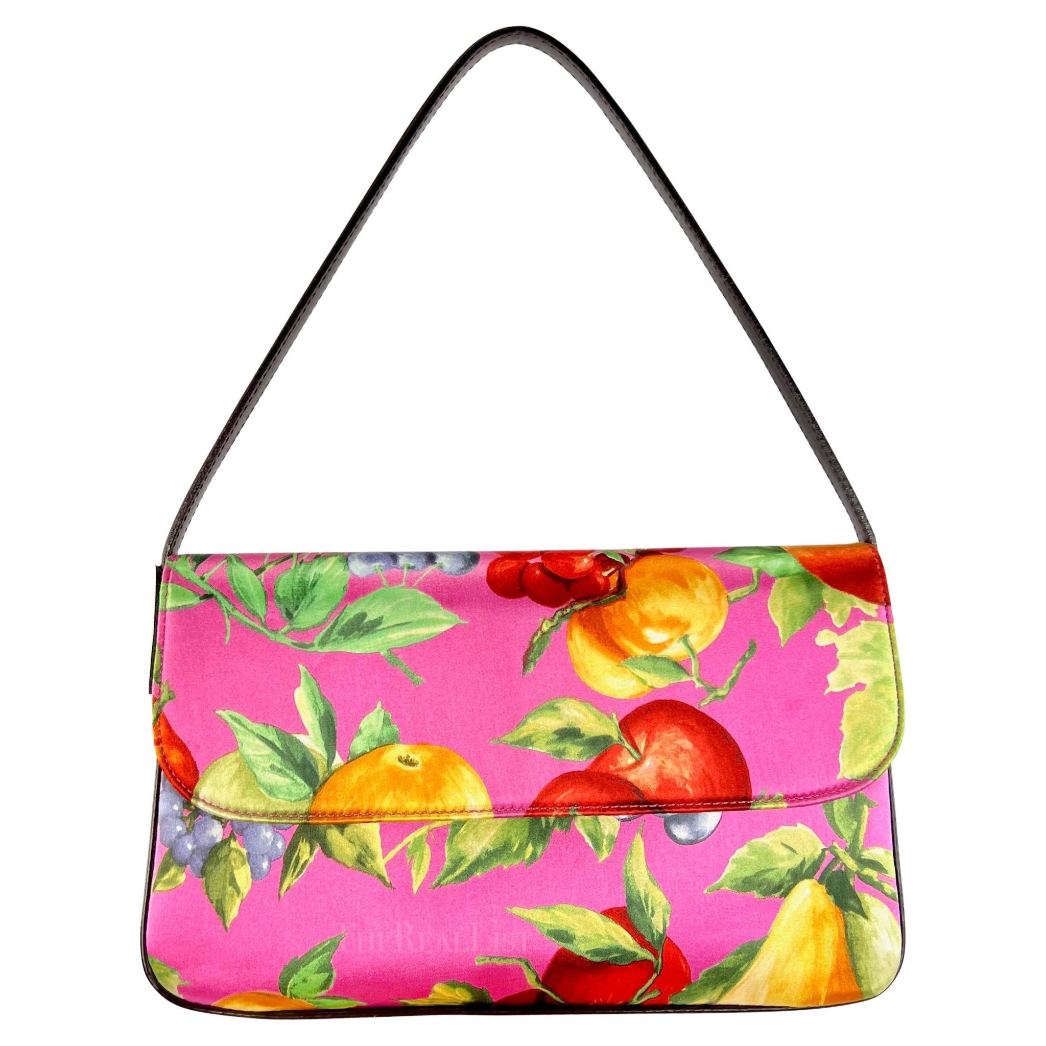 Late 1990s Dolce & Gabbana Pink Fruit Print Satin Double Y2K Medium Shoulder Bag - RealList