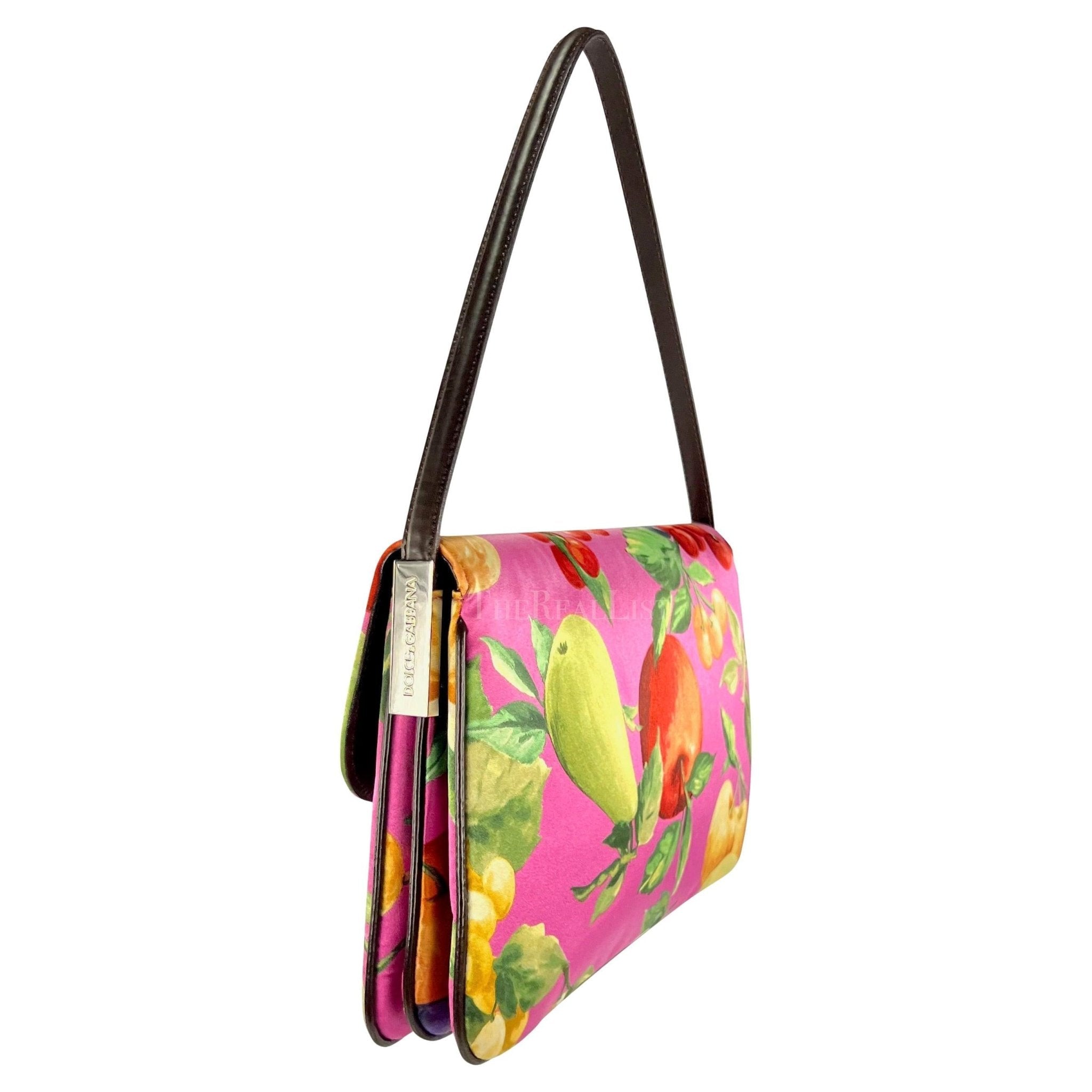 Late 1990s Dolce & Gabbana Pink Fruit Print Satin Double Y2K Medium Shoulder Bag - RealList