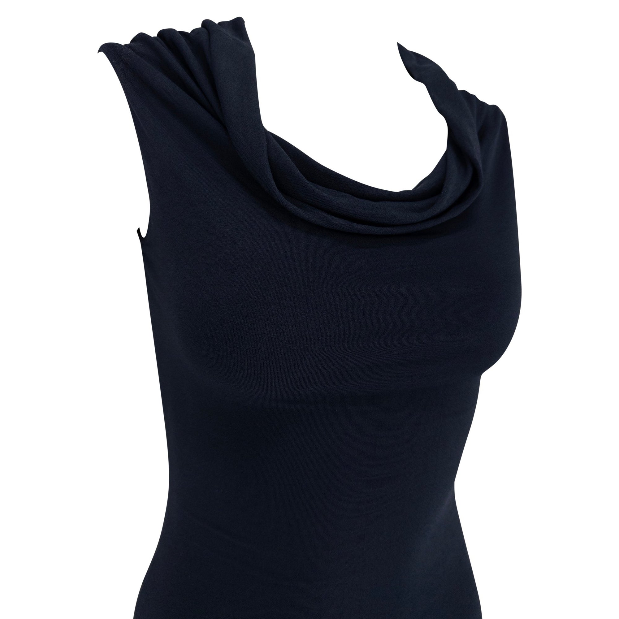 Late 1990s Donna Karan Navy Blue Stretch Bodycon Cowl Mini Dress - RealList