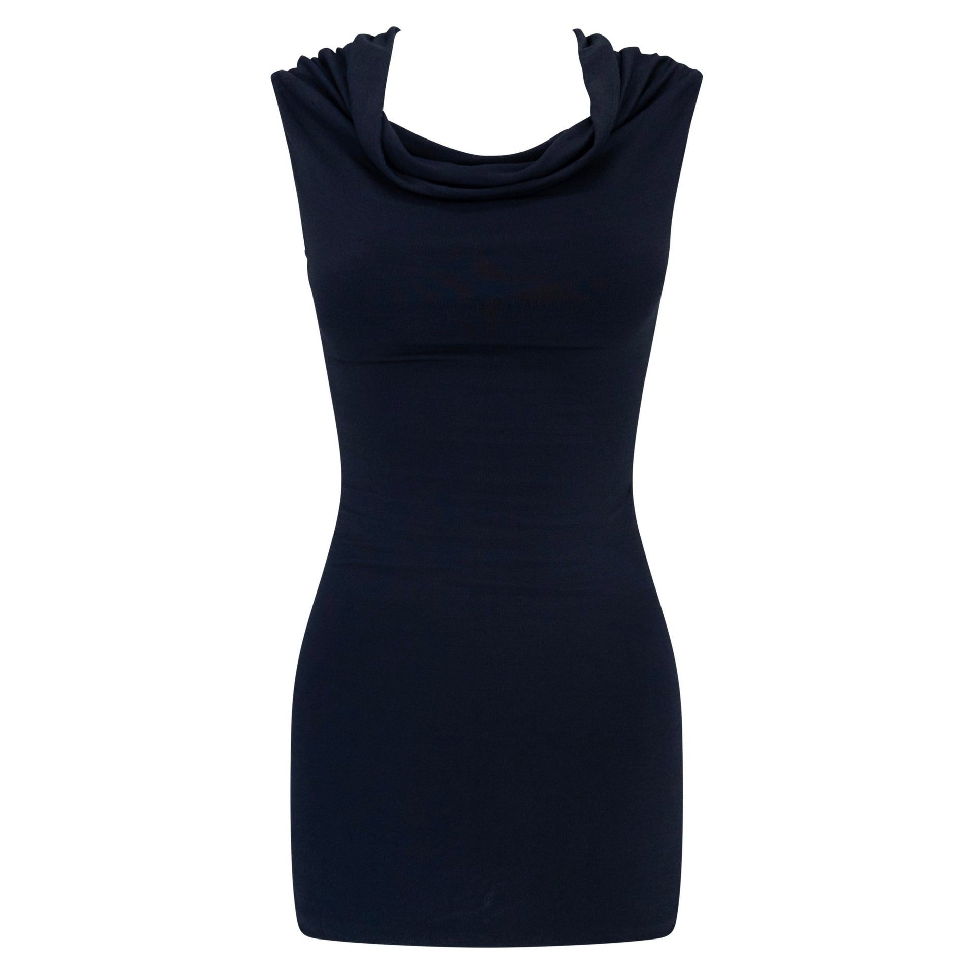 Late 1990s Donna Karan Navy Blue Stretch Bodycon Cowl Mini Dress - RealList