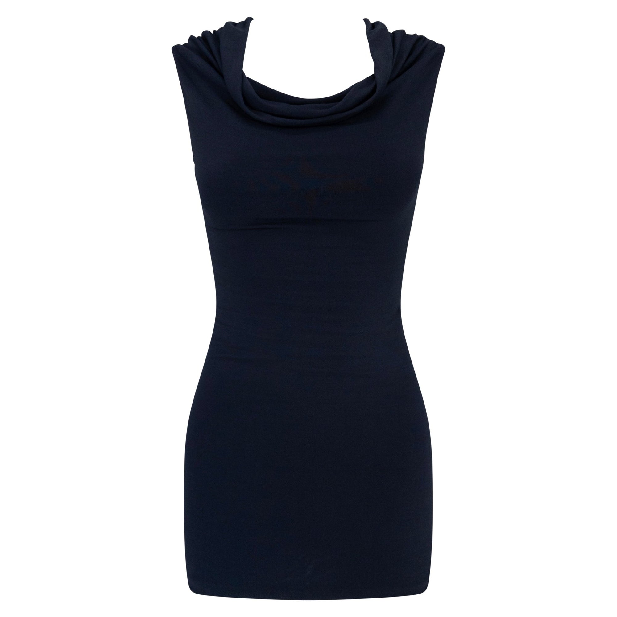 Late 1990s Donna Karan Navy Blue Stretch Bodycon Cowl Mini Dress - RealList