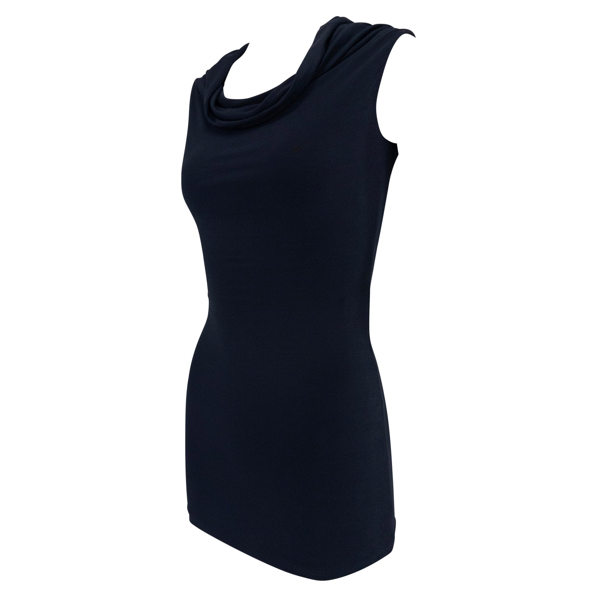 Late 1990s Donna Karan Navy Blue Stretch Bodycon Cowl Mini Dress - RealList