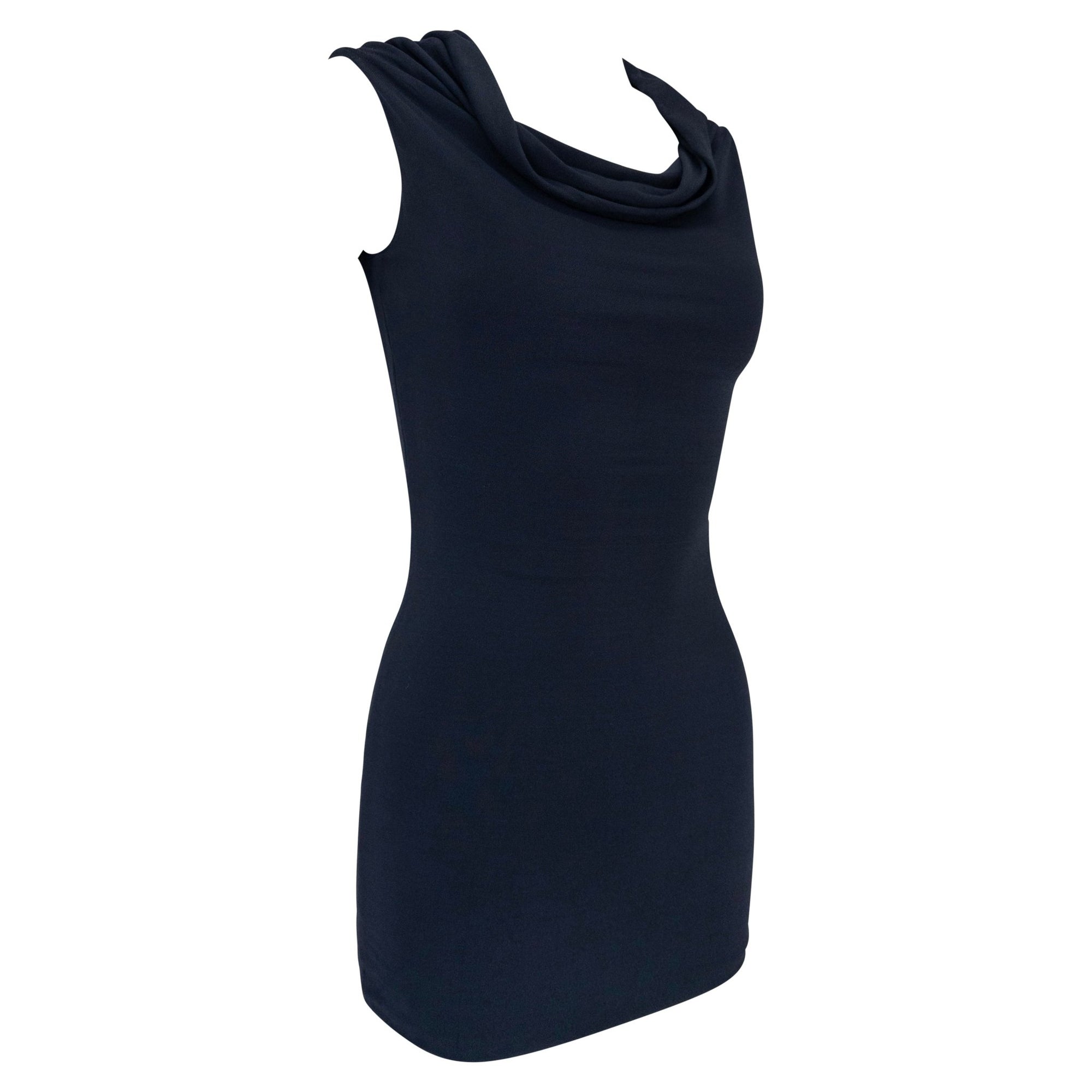 Late 1990s Donna Karan Navy Blue Stretch Bodycon Cowl Mini Dress - RealList