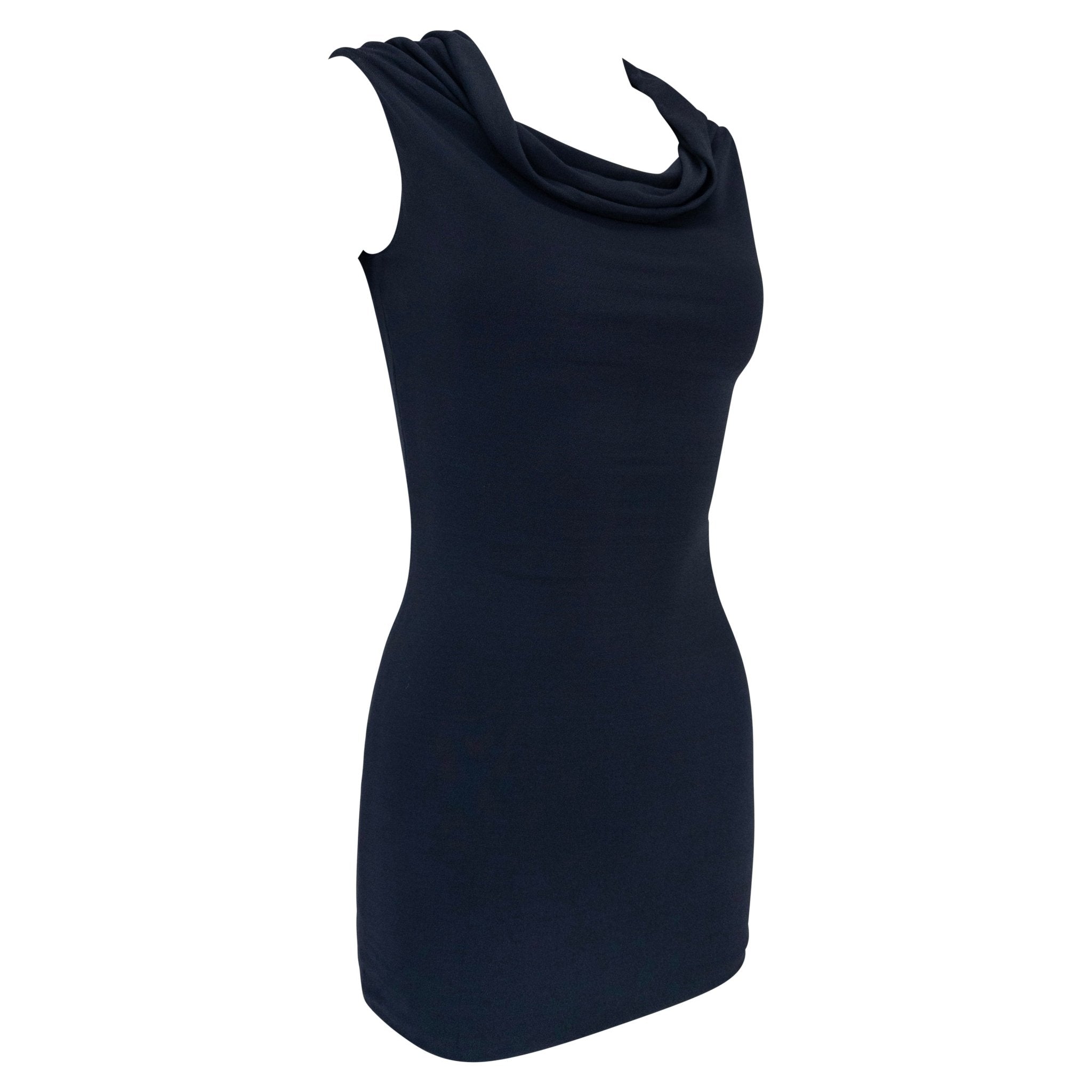 Late 1990s Donna Karan Navy Blue Stretch Bodycon Cowl Mini Dress - RealList