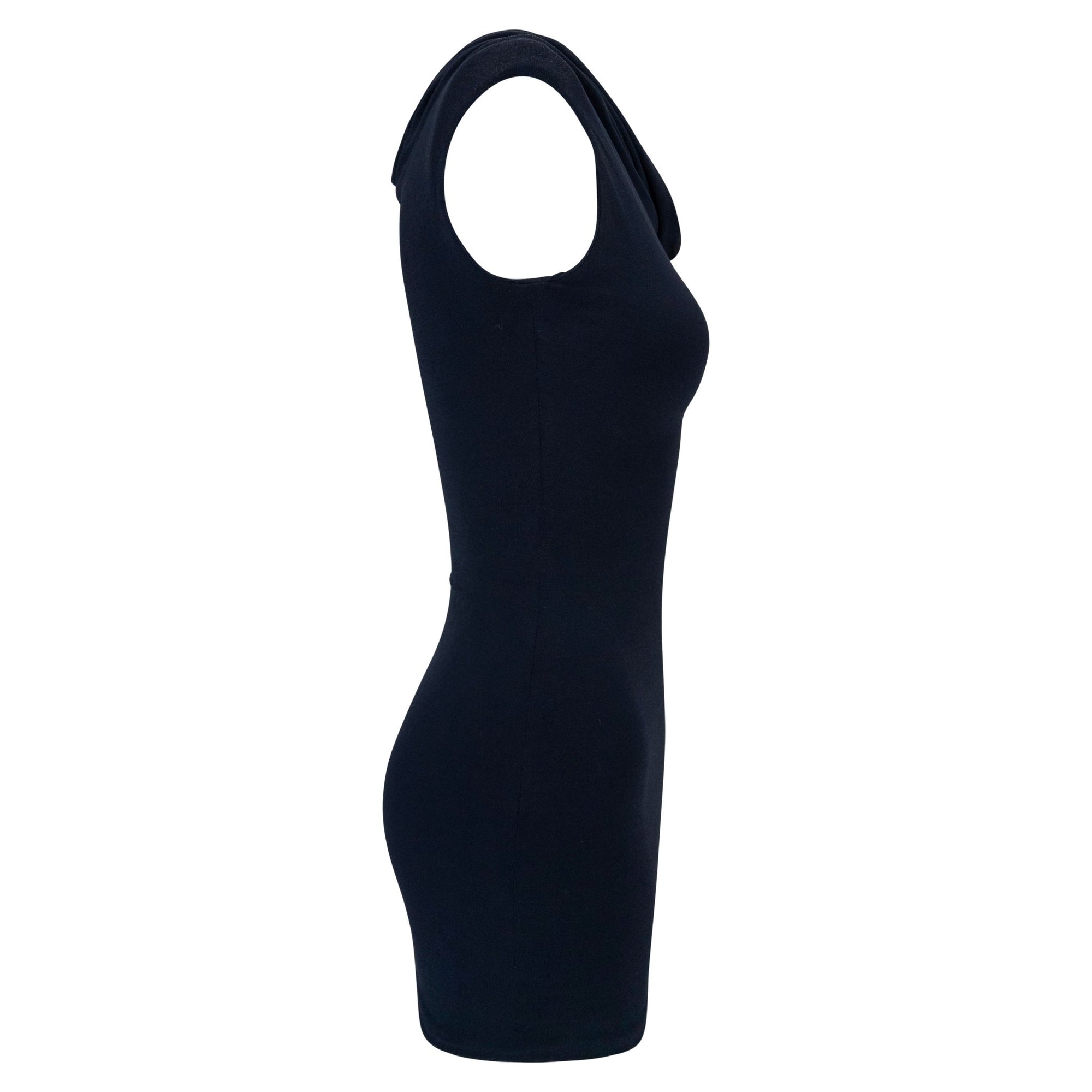 Late 1990s Donna Karan Navy Blue Stretch Bodycon Cowl Mini Dress - RealList