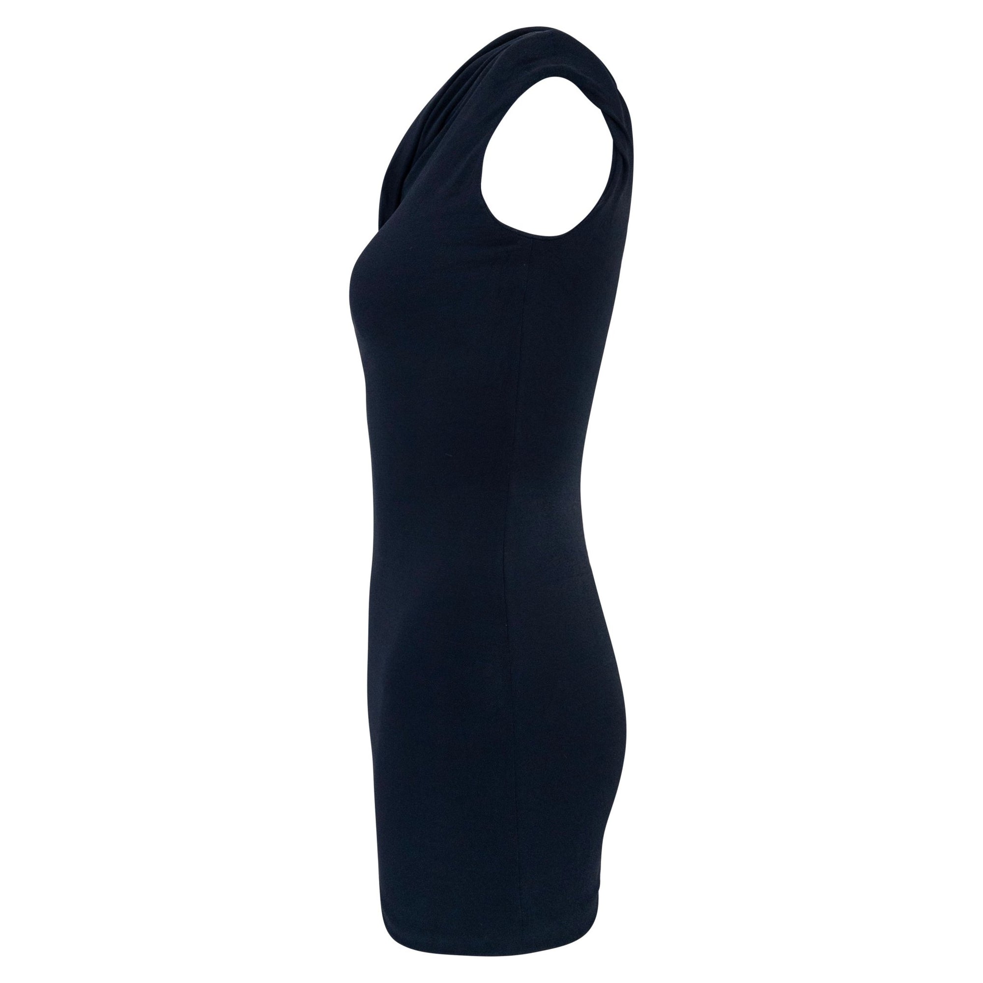 Late 1990s Donna Karan Navy Blue Stretch Bodycon Cowl Mini Dress - RealList