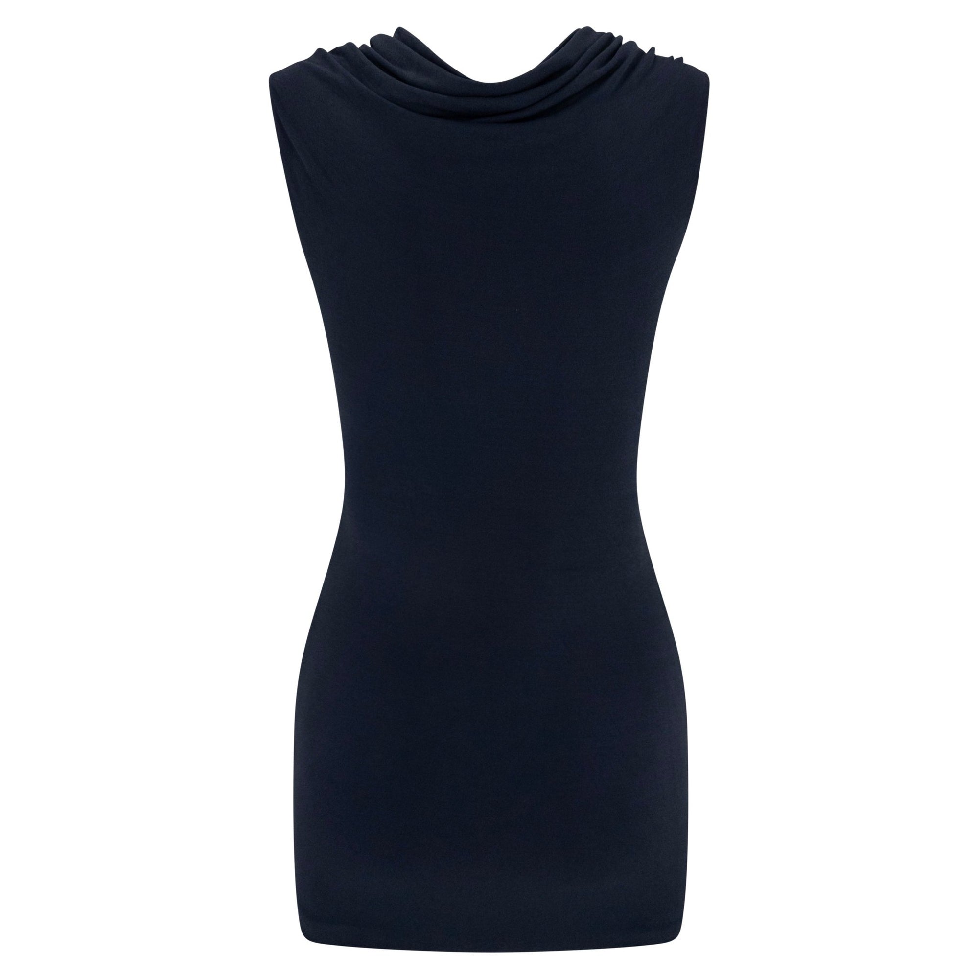 Late 1990s Donna Karan Navy Blue Stretch Bodycon Cowl Mini Dress - RealList