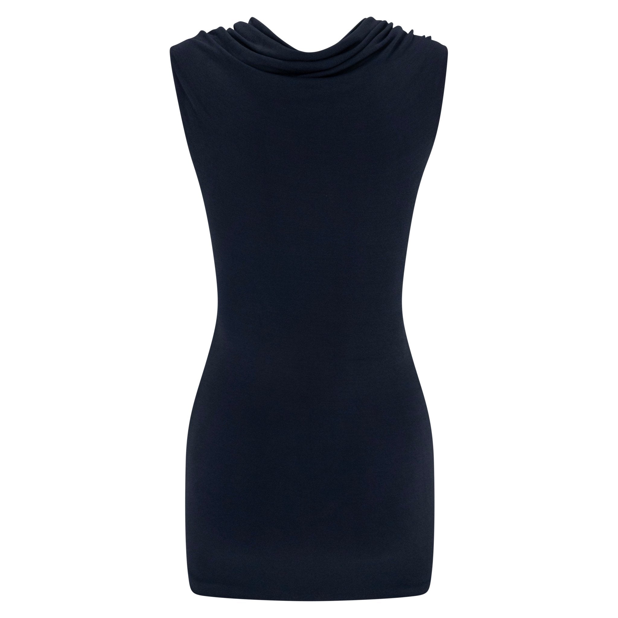 Late 1990s Donna Karan Navy Blue Stretch Bodycon Cowl Mini Dress - RealList