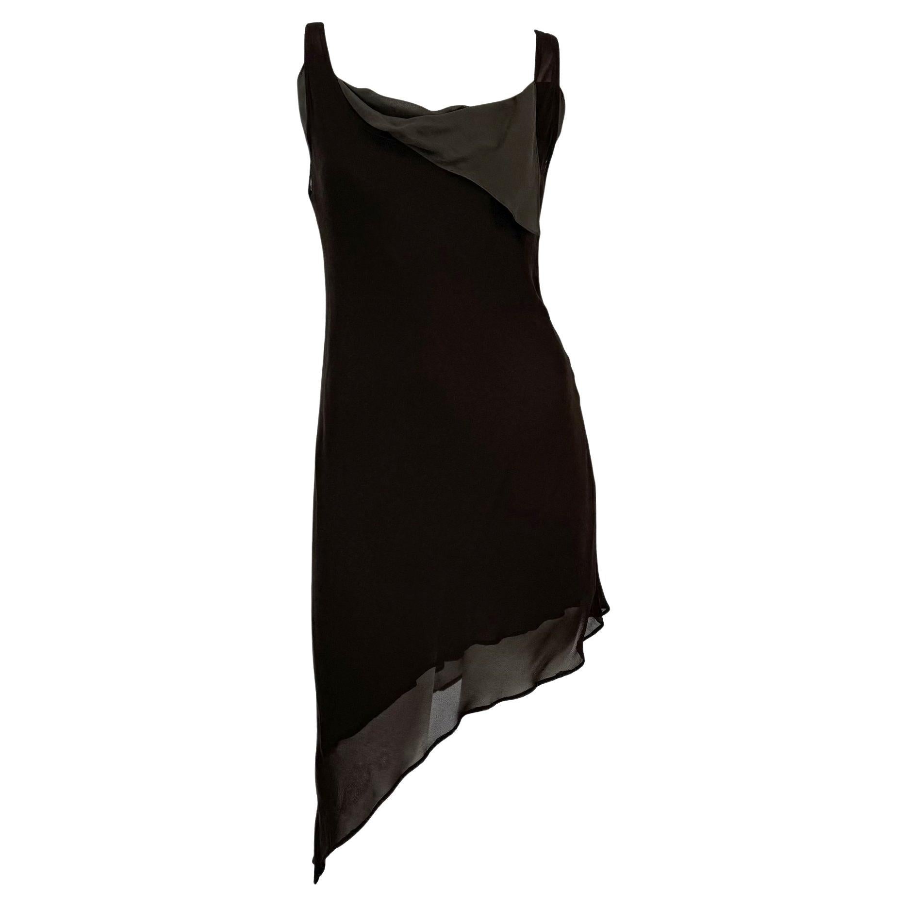 Late 1990s Donna Karan Sheer Dark Brown Asymmetric Grey Double Slip Dress - RealList