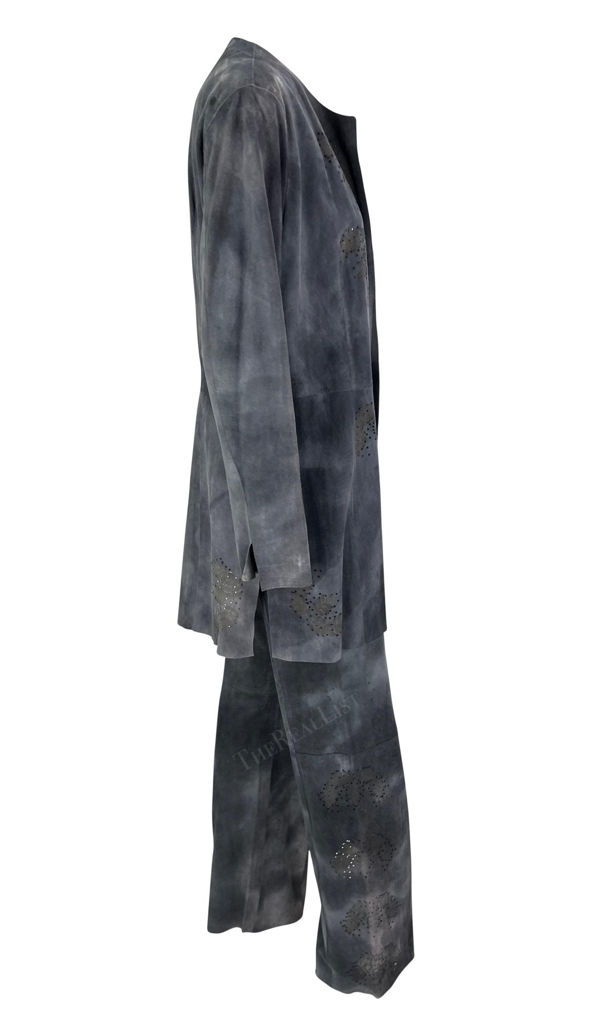 Late 1990s Fendi by Karl Lagerfeld Blue Grey Distressed Suede Matching Set - RealList