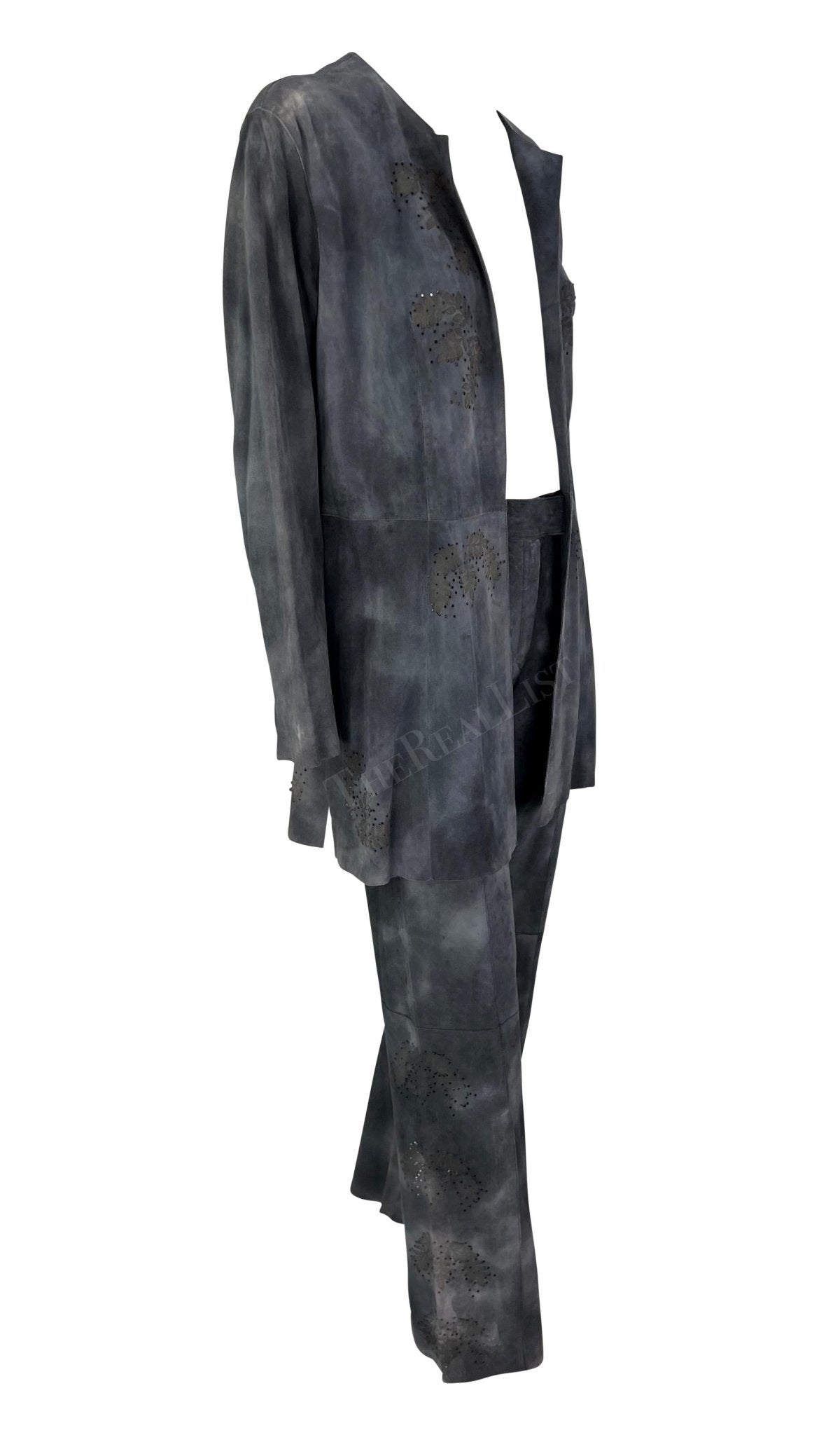 Late 1990s Fendi by Karl Lagerfeld Blue Grey Distressed Suede Matching Set - RealList