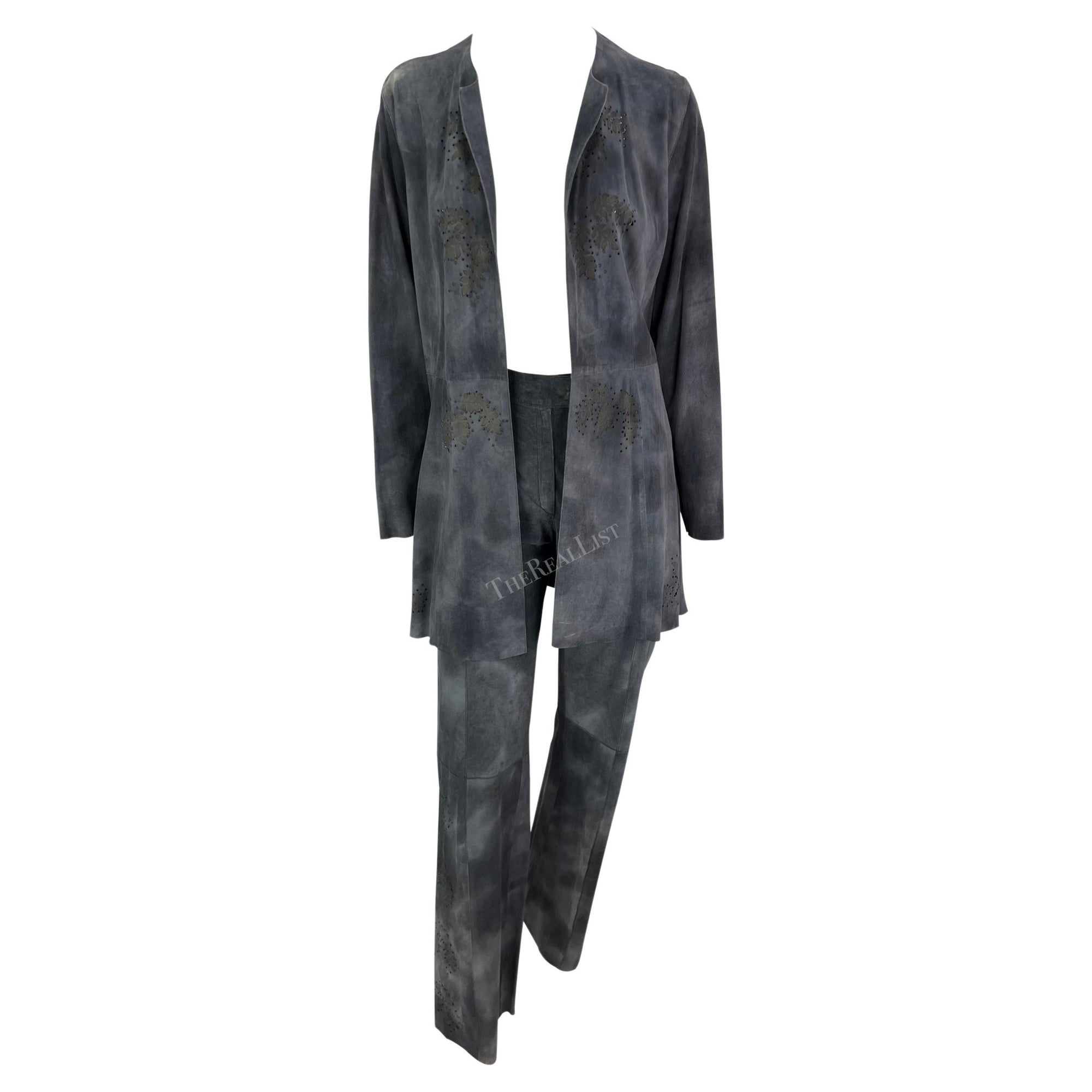 Late 1990s Fendi by Karl Lagerfeld Blue Grey Distressed Suede Matching Set - RealList