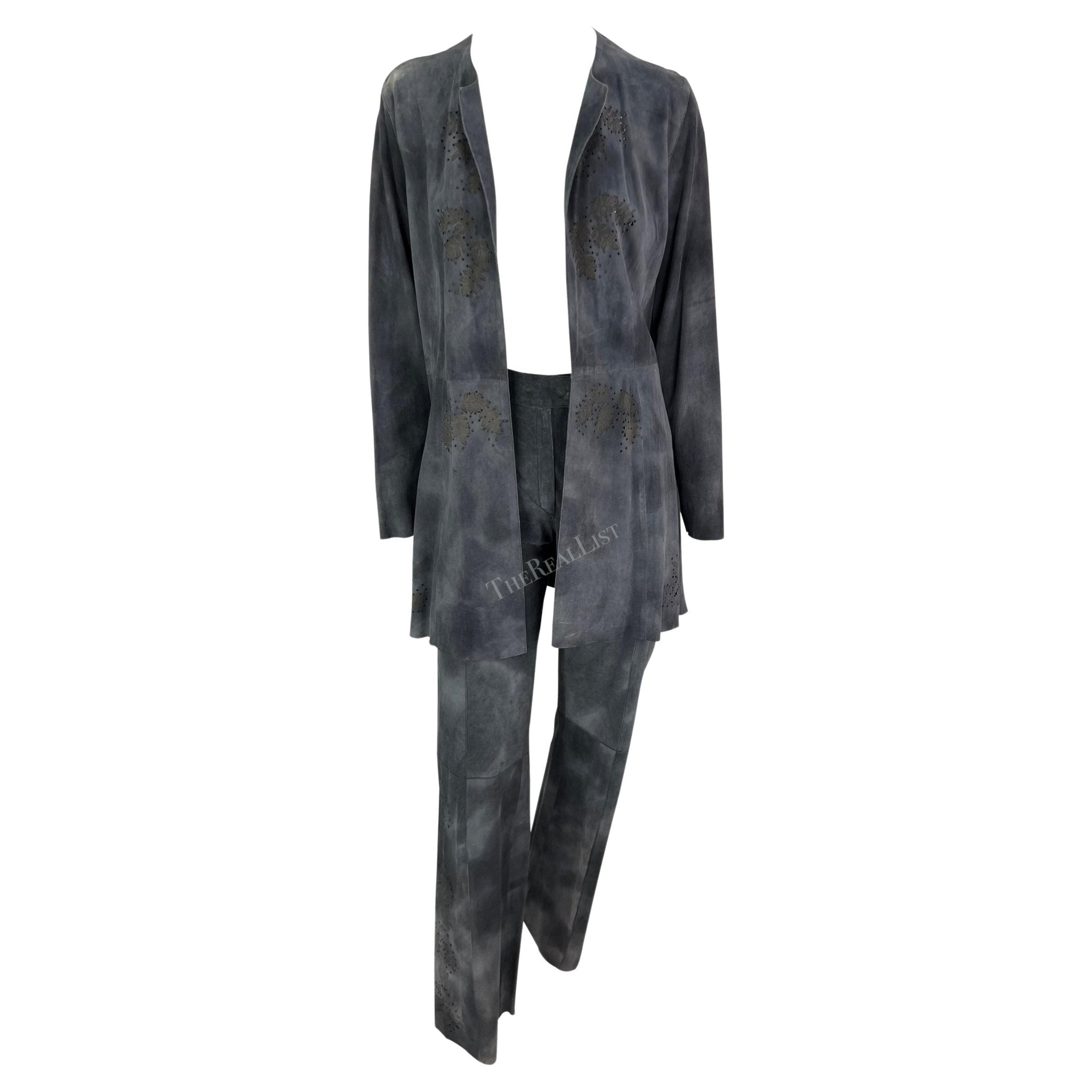 Late 1990s Fendi by Karl Lagerfeld Blue Grey Distressed Suede Matching Set - RealList