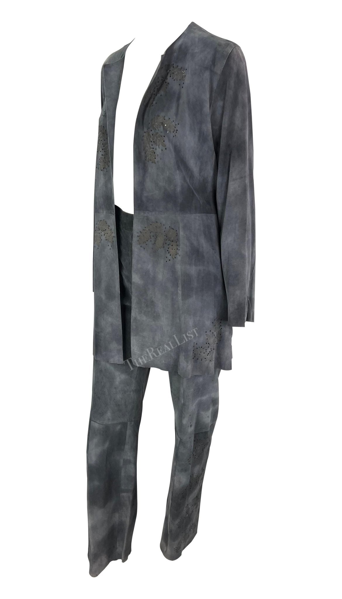 Late 1990s Fendi by Karl Lagerfeld Blue Grey Distressed Suede Matching Set - RealList