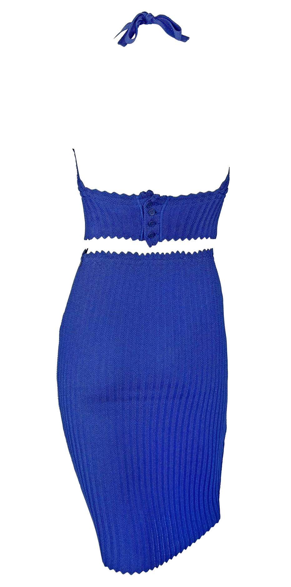 Late 1990s Fendi by Karl Lagerfeld Bodycon Knit Blue Bralette Crop Top Skirt Set - RealList